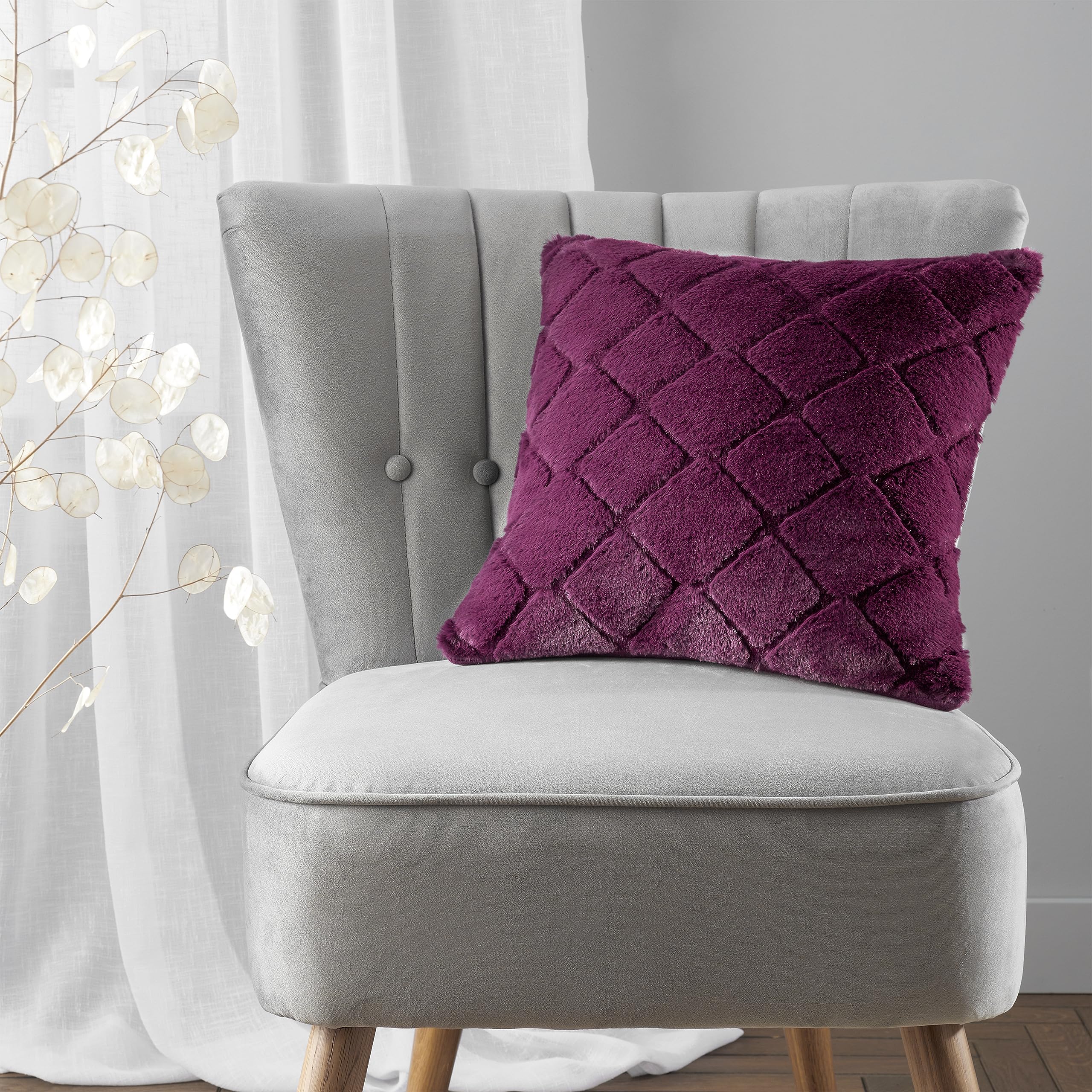 Catherine Lansfield Cosy Diamond Faux Fur 43x43cm Cushion Cover Plum