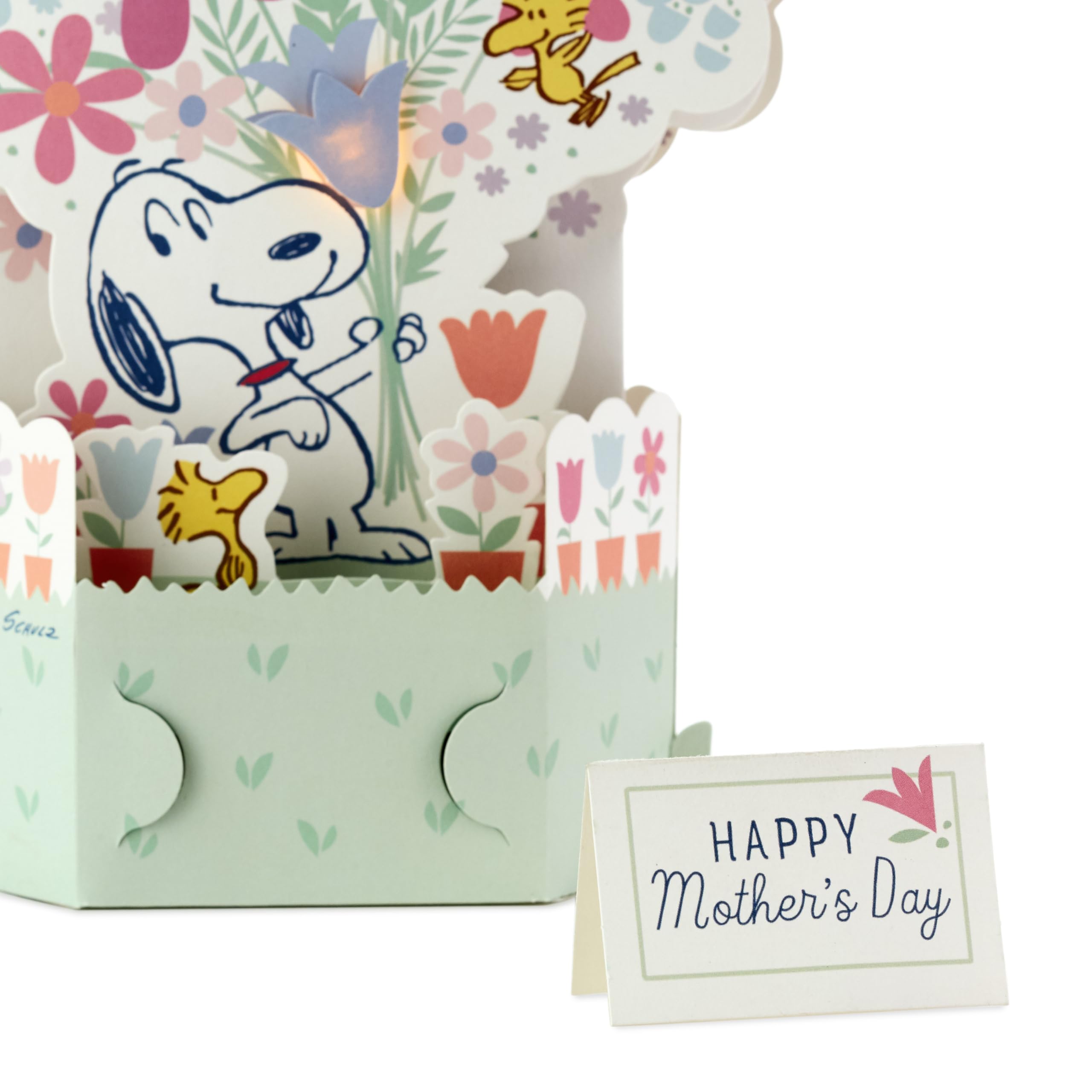 Hallmark Musical & Light Up Mothers Day Card for Mum 3D, Pop Up, PEANUTS SNOOPY & Flowers, Pink, Red, Green - Image 4