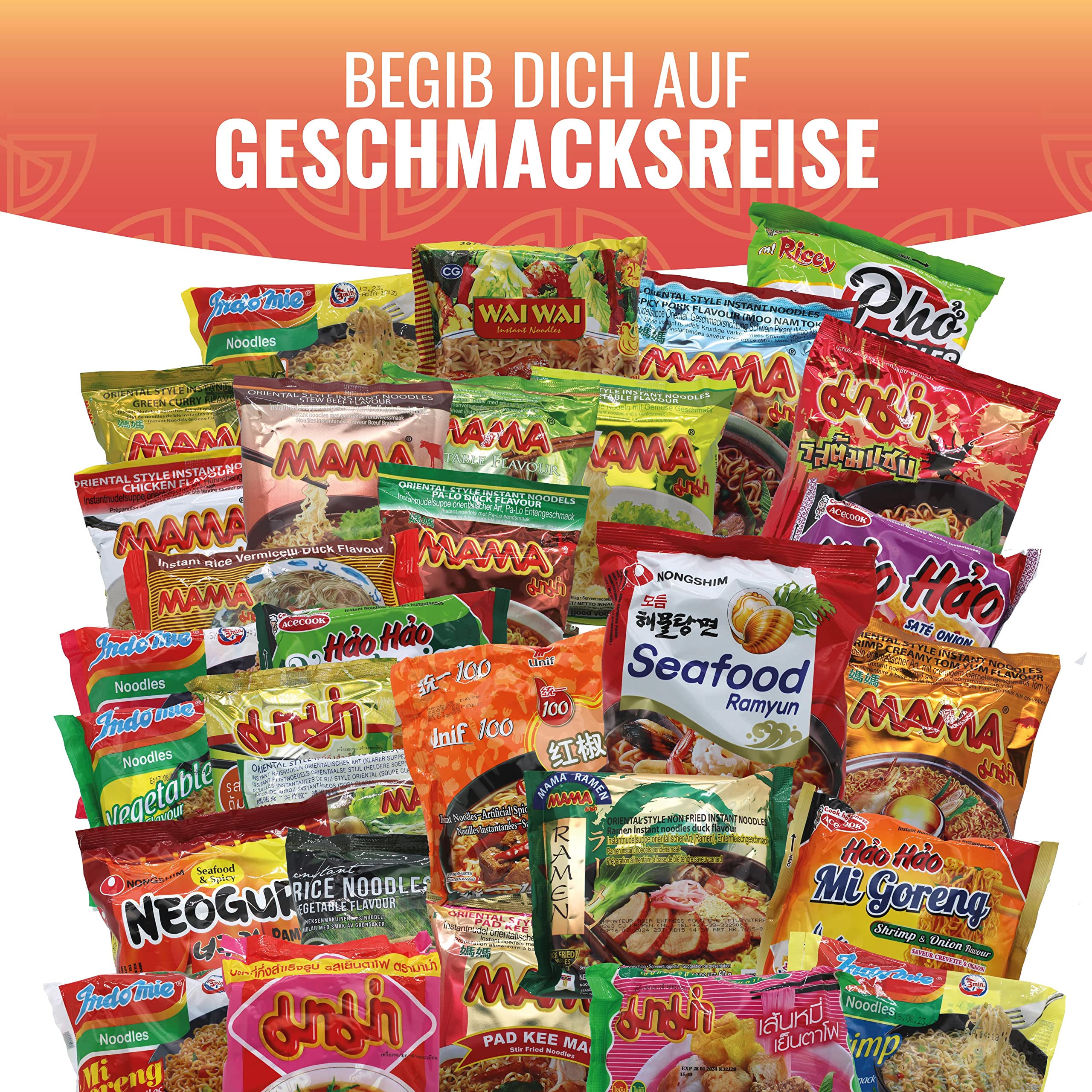 NASCHMASCHINE | Asia Instant Nudeln Box | 30 verschiedene Sorten von MAMA, Indomie | Asia Ramen Udon aus Rind, Schwein, Shrimps, Huhn, Gemüse Geschmack