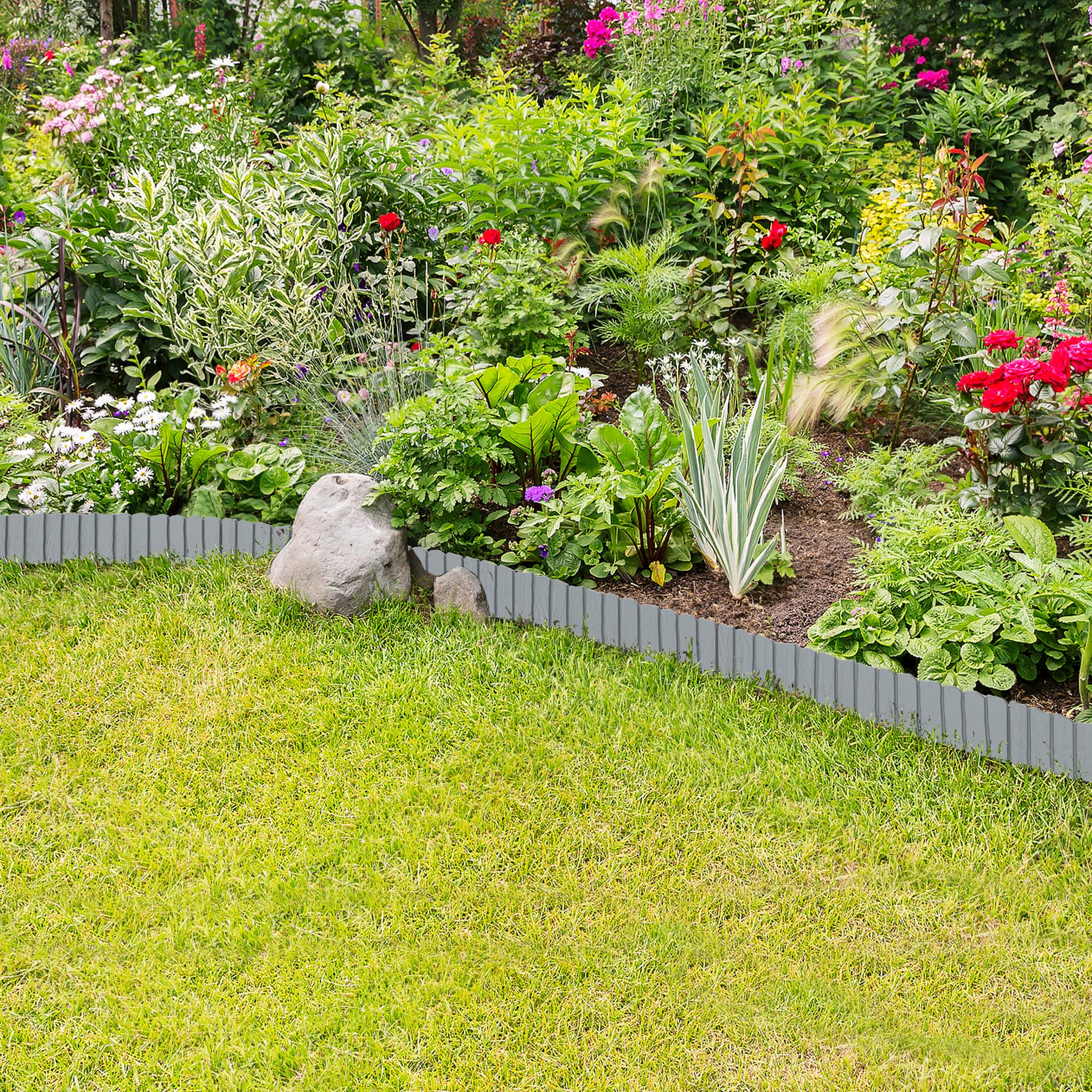 FIVMEN Bordo per prato, in plastica, 4,6 m, effetto legno, bordatura per aiuole con perni da 10 cm, imitazione delle venature del legno, per giardino, grigio