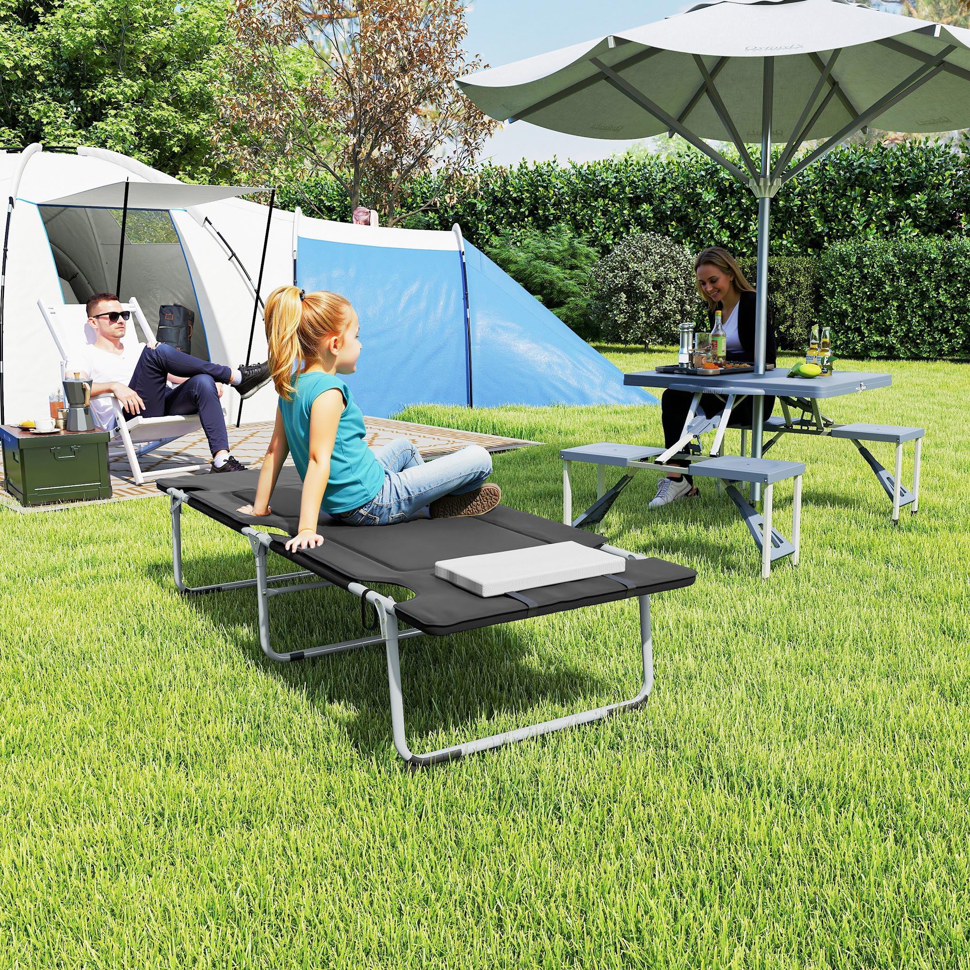 Outsunny Letto da Campeggio, Brandina Pieghevole e Imbottita con Cuscino, Nero 183 x 66 x 33cm