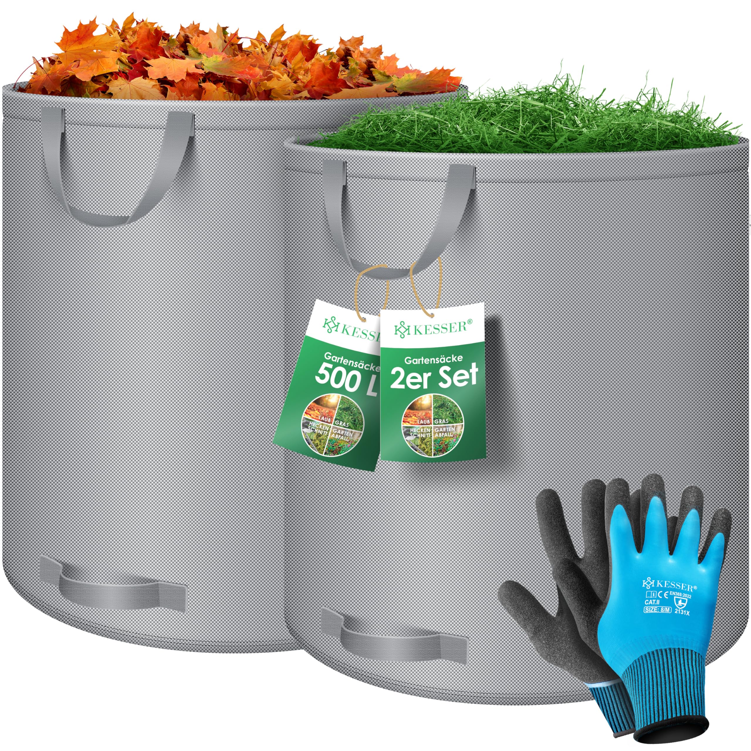 KESSER® Gartensack 2x 500L Set Laubsack Gartenabfallsack inkl. Handschuhe - Selbststehend 4 Griffe Stabil Robust & Faltbar - Laubsäcke Rasenschnitt Gartensäcke für Gartenabfälle Grünschnitt Grau