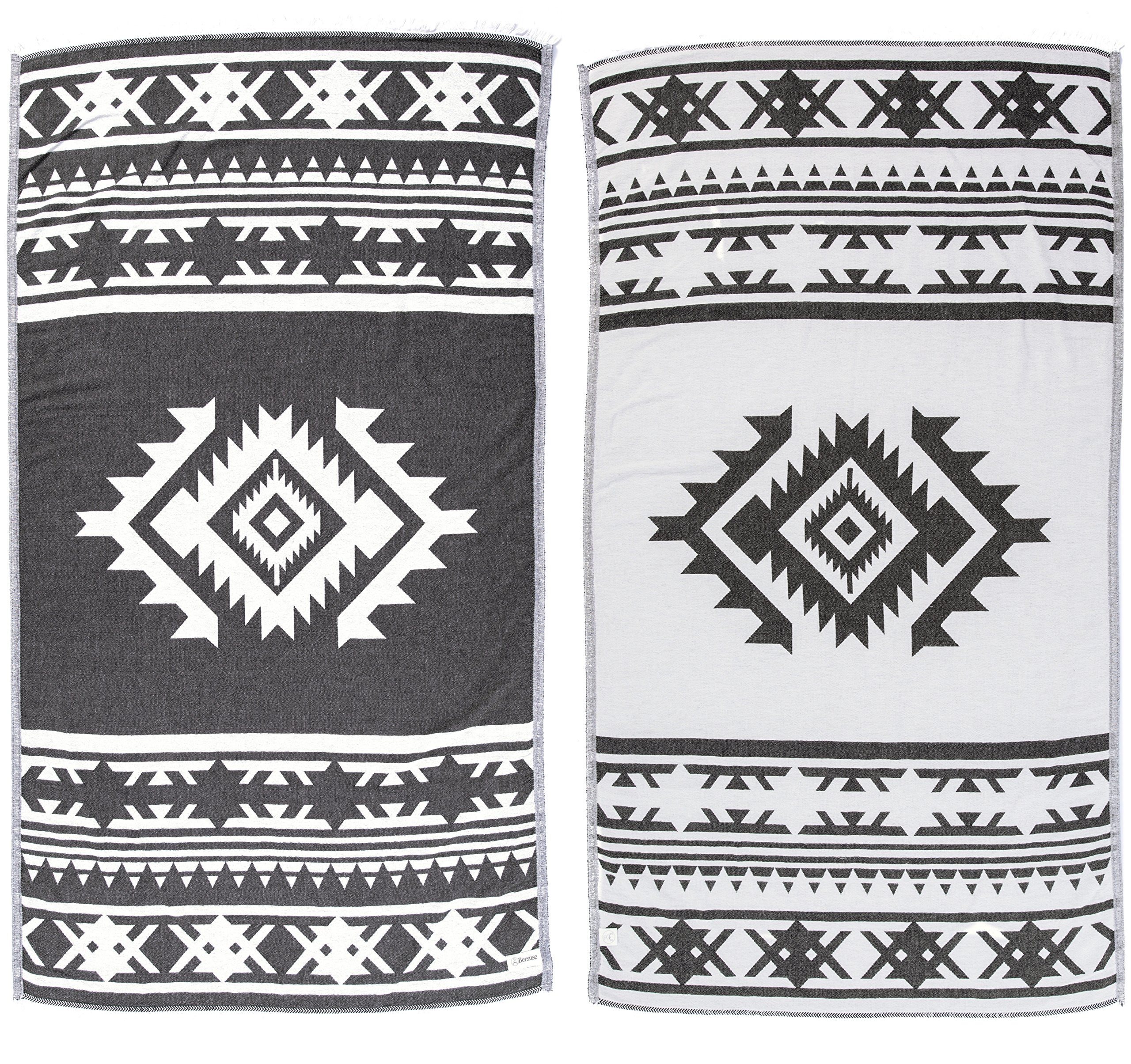 Bersuse 100% Coton - Cozumel Serviette Turque - Drap de Bain, Serviette de Plage - Fouta Peshtemal avec Motif Aztèque - Double Couche - 100x180 cm, Noir