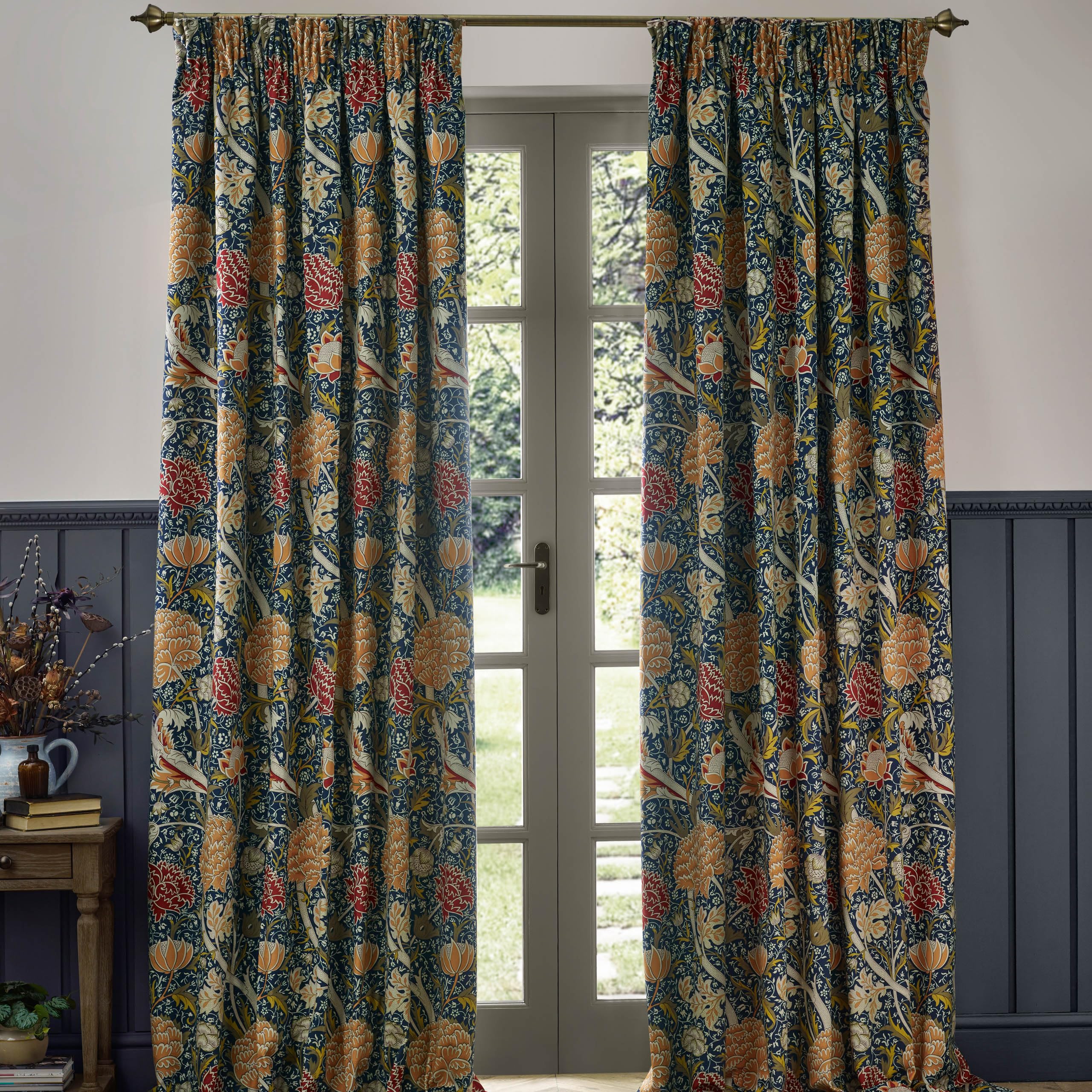 Morris&Co. Cray Pencil Pleat Curtain Pair – Lined Velvet Floral River-Inspired Drapes (Indigo/Berry - 168x229cm)
