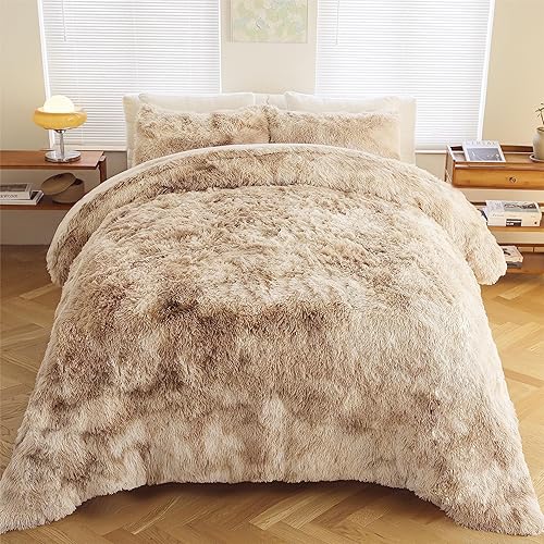 Miniatura 6 de Syalife Juego de ropa de cama de felpa esponjosa, juego de edredón suave y lanudo tamaño Queen, pelo sintético teñido anudado marrón, juego de funda