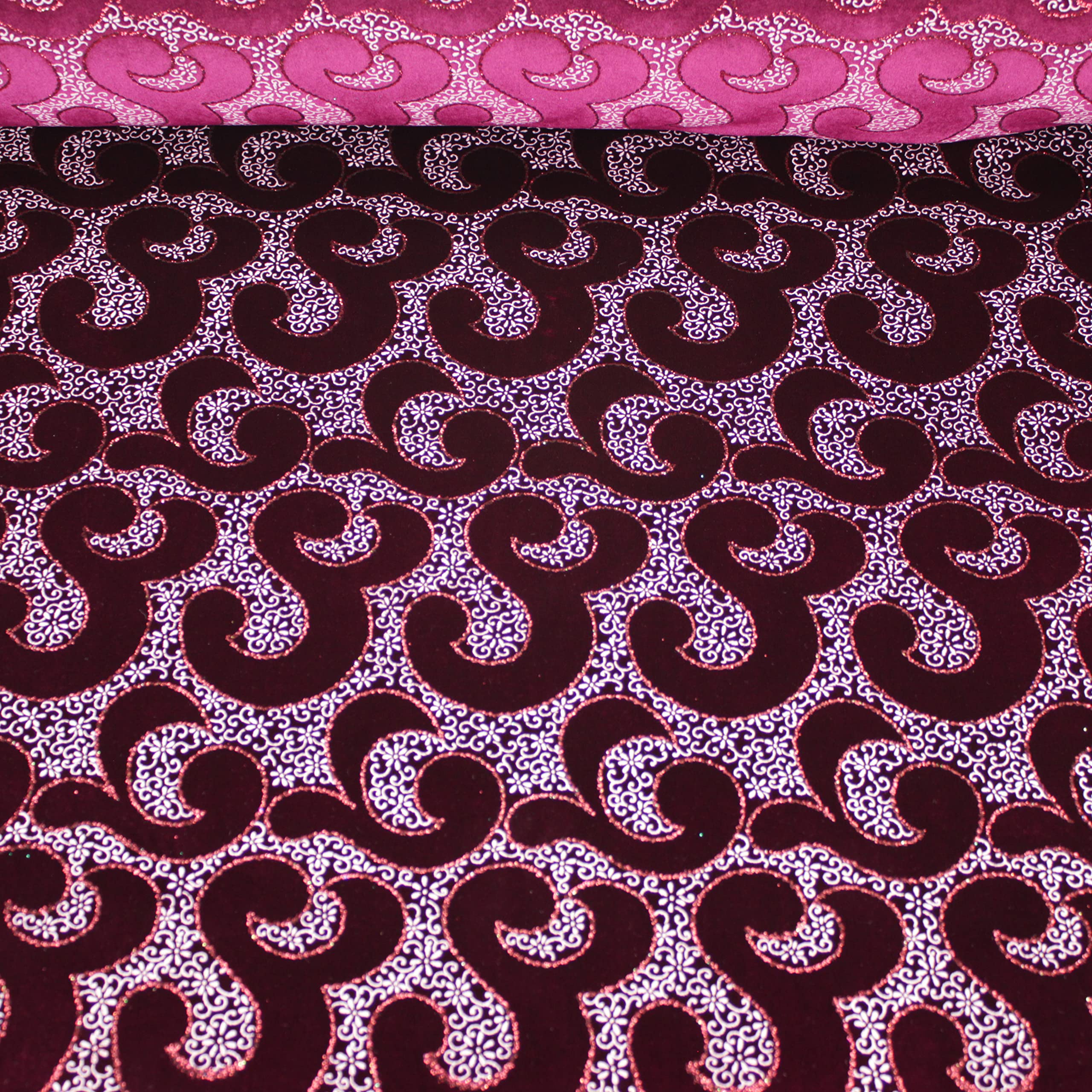 TERCIOPELO ELÁSTICO POR METROS CON ESTAMPADO ABSTRACTO DE PURPURINA, ANCHO150cm (BURDEOS, 3)