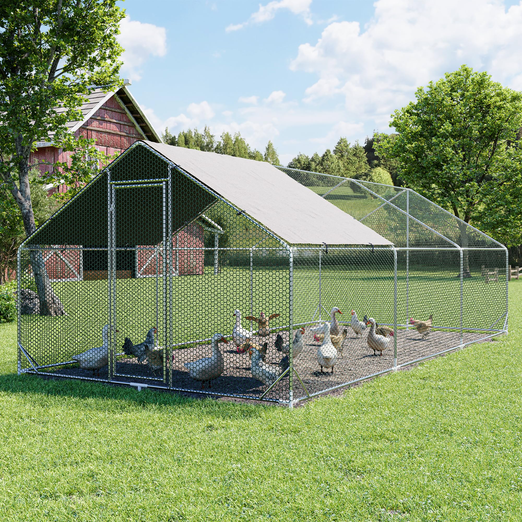 Large Metal Chicken Coop Walk-in Poultry Cage Hen Run House Habitat Spire Shaped Cage with Waterproof and Anti-Ultraviolet Cover for Outdoor Backyard