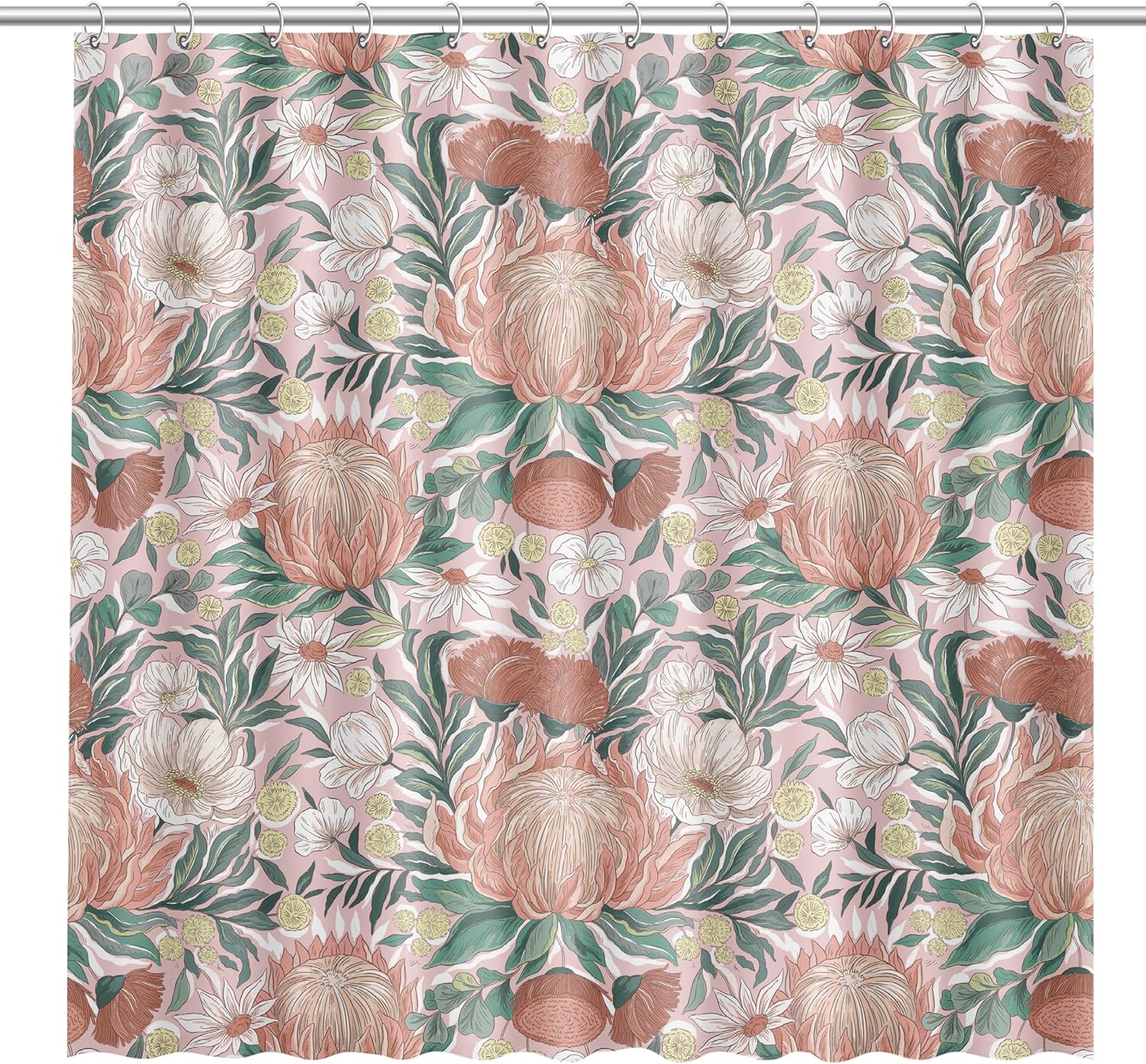 Fabric Shower Curtain for Bathroom | Floral Blooms Fabric Shower Curtain with Classic Flower Pattern in Pink Green and White | Water-Repellent Machine-Washable Set Includes 12 Stainless Steel Hooks