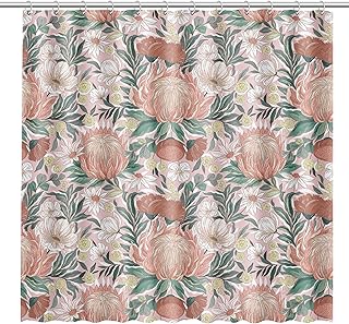 Fabric Shower Curtain for Bathroom | Floral Blooms Fabric Shower Curtain with Classic Flower Pattern in Pink Green and White | Water-Repellent Machine-Washable Set Includes 12 Stainless Steel Hooks