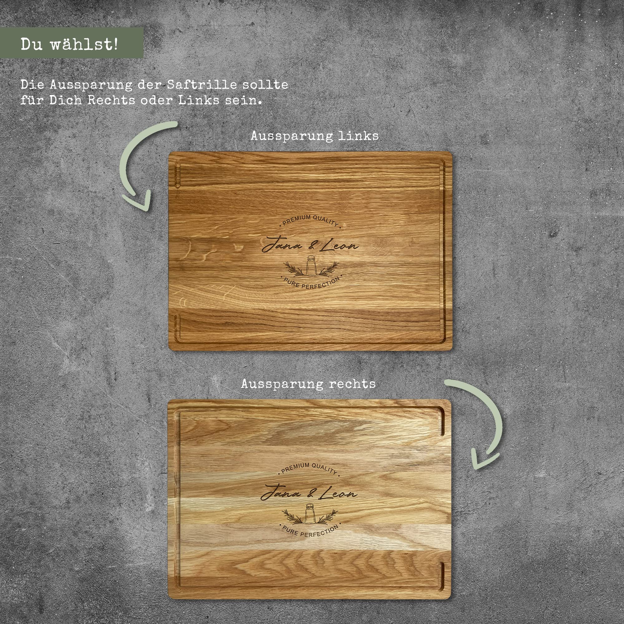 LOOXIS Personalisiertes Premium Schneidebrett mit Namen graviert – 40x30 cm, Eichenholz, Saftrille, Steakbrett, Charcuterie Board – Geschenkidee Männer, Frauen, Vatertag, Muttertag, Einzug – Motiv 8