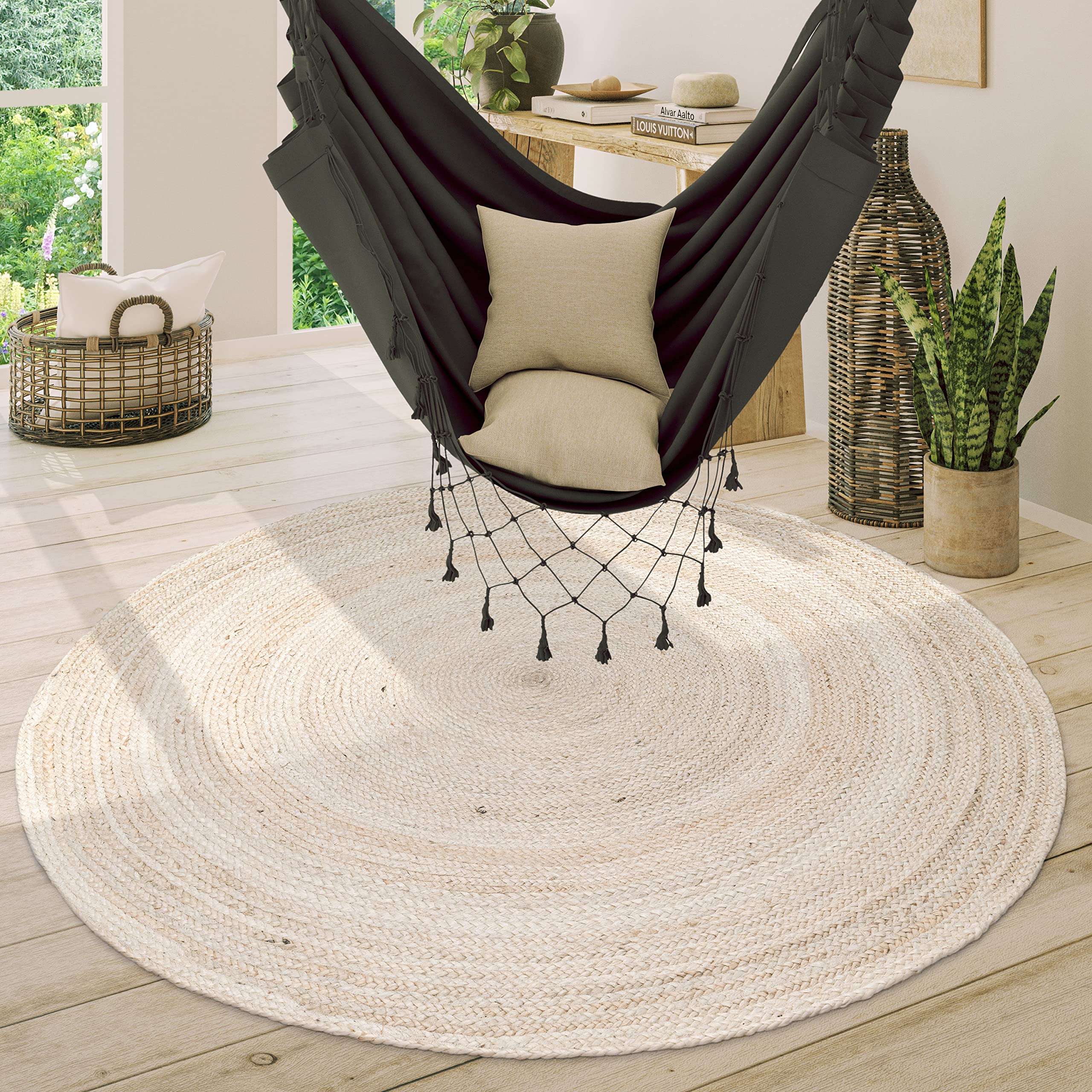 Paco Home Alfombra Redonda Salón Yute Boho Motivo Étnico Moderno Hecha A Mano Natural, tamaño:80 cm Redon, Color:Blanco
