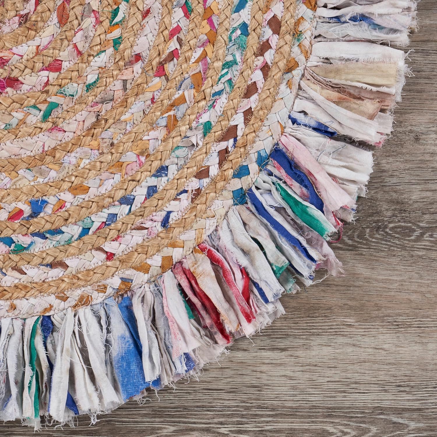 LR Home Natural Jute and Cotton Blend 6ft Round Area Rug for Home Decor | Braided Rugs for Living Room, Bedroom, Playroom | Bohemian Farmhouse Indoor Carpet for Room Decor | White/Multicolor