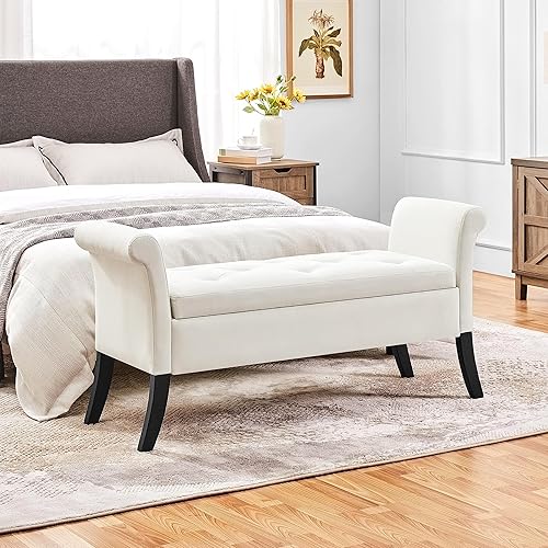 Miniatura 2 de Yaheetech Banco de almacenamiento para entrada, banco de ventana de lino con brazos enrollados para dormitorio, asiento de ventana, color blanco
