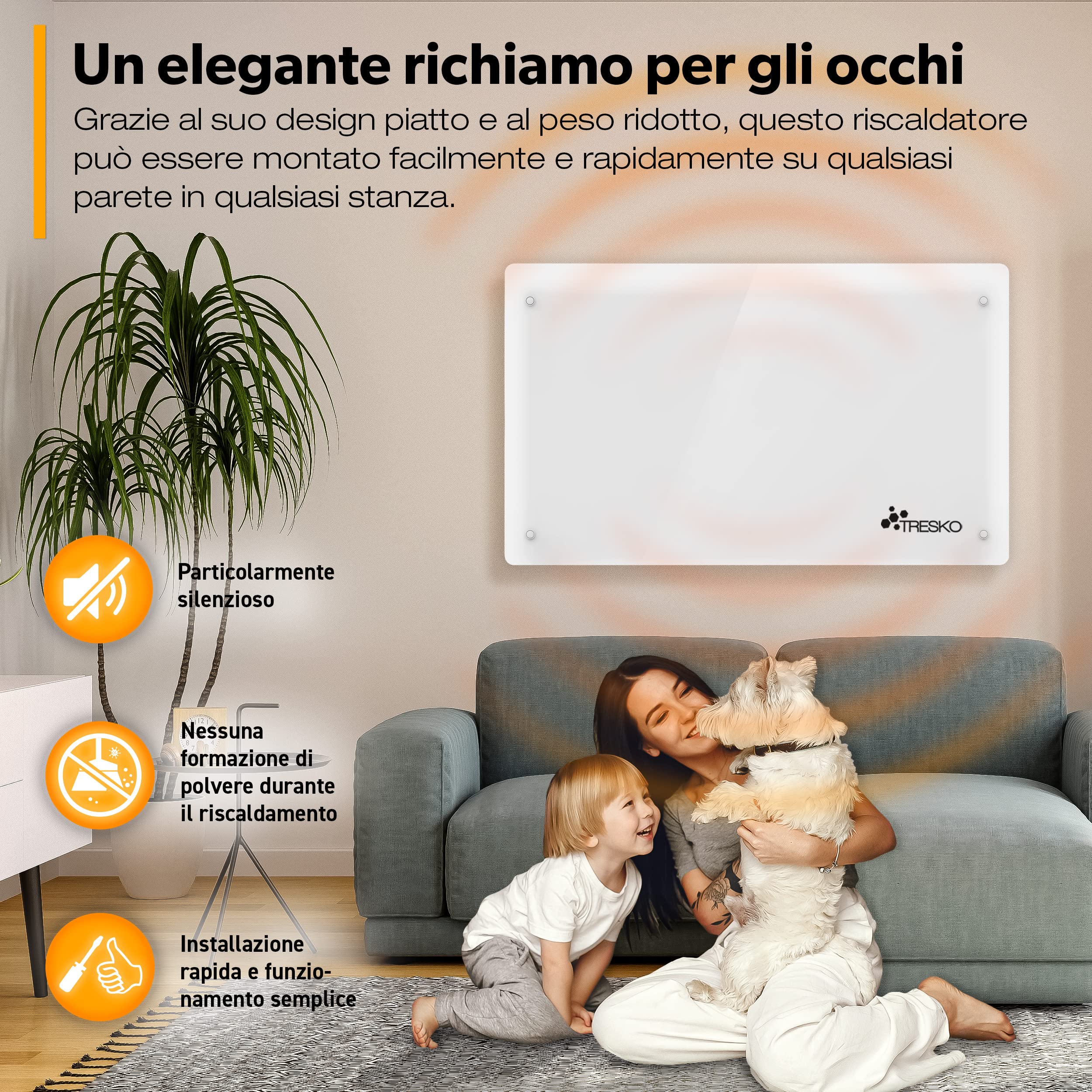 TRESKO Stufa Elettrica Basso Consumo Bianco 1500W | Stufa Elettrica basso consumo | Termoconvettore con Rotelle | Termosifone Elettrico Portatile | Termoconvettore a Parete con Termostato per Casa