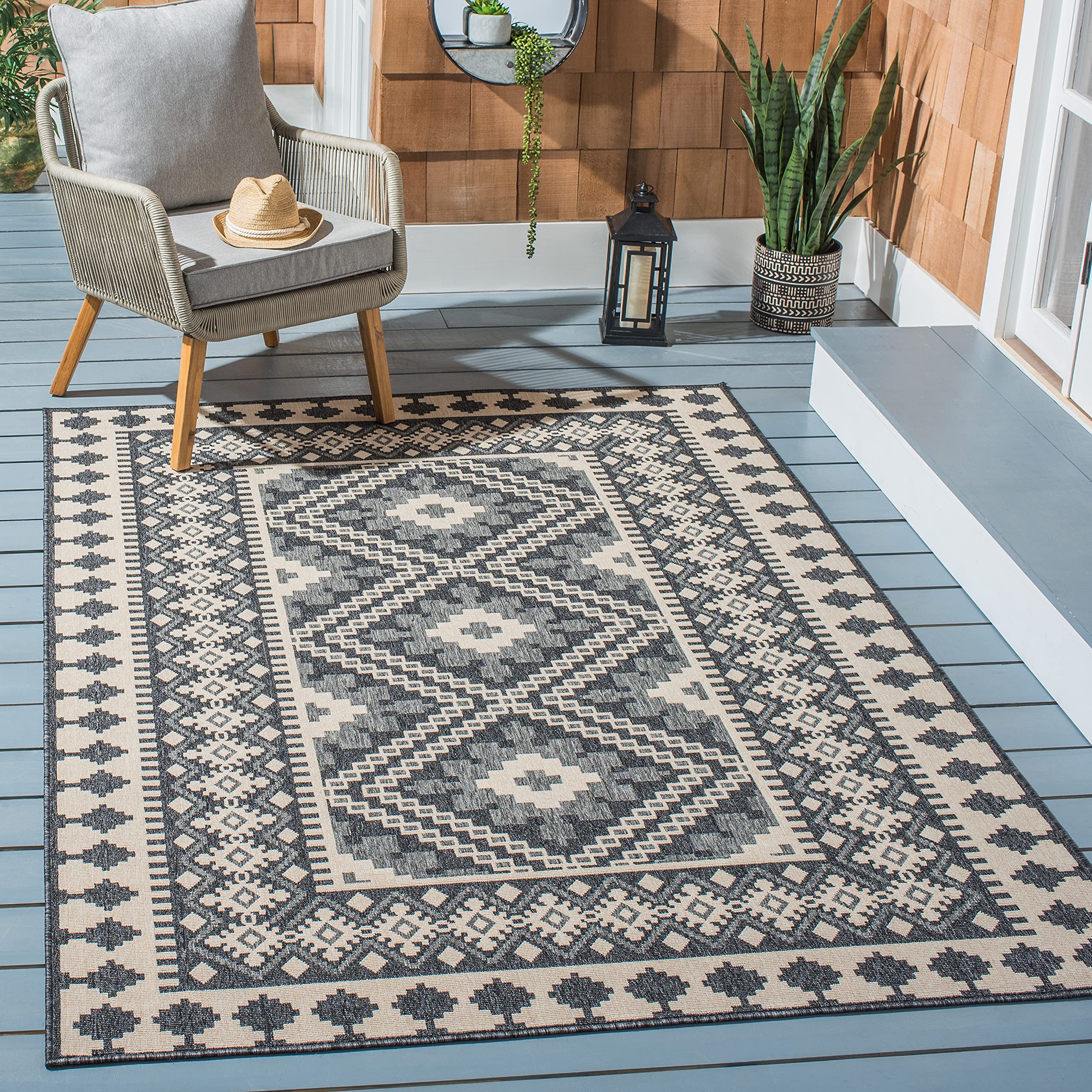 SAFAVIEH Washable Rug Outdoor Veranda Collection - 5'3" x 7'7", Ivory & Grey, Non-Shedding & Easy to Clean, Ideal for Patio, Backyard, Mudroom (VER099