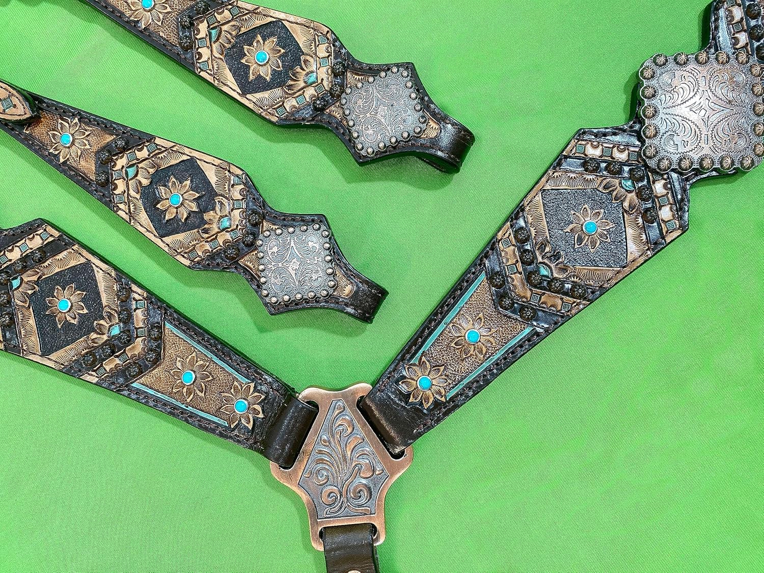 Genuine Argentina Cow Leather Headstall Bridle Breast Collar Set - Decorated with Geometrical Flower Carving