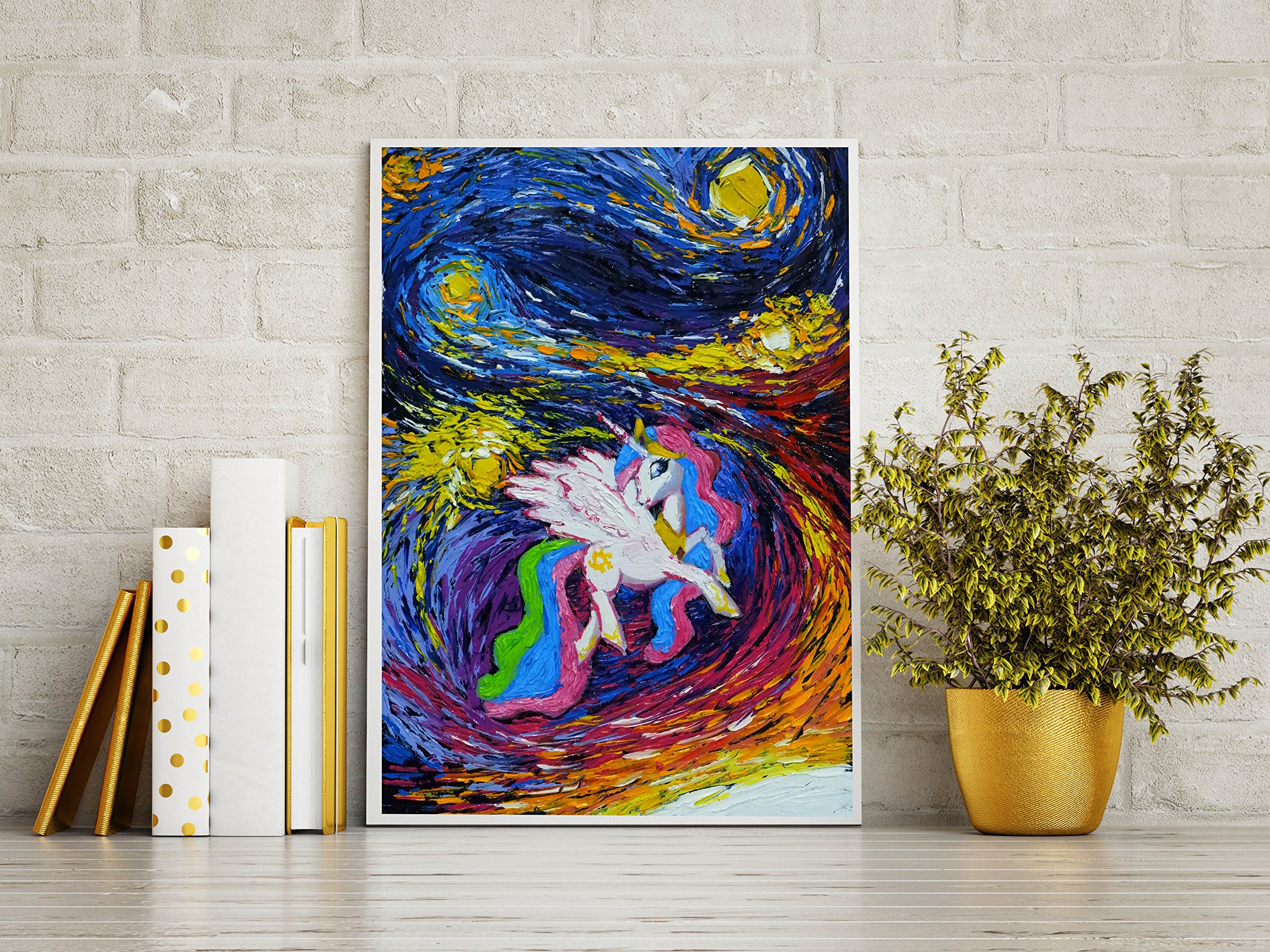 Uhomate Unicorn Starry Night Canvas Wall Art - Vincent Van Gogh Inspired Poster, 11x14 Inches, Nursery & Living Room Decor