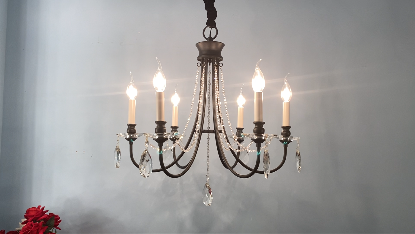 Kaluxry 6-Light Black Crystal Chandelier, Farmhouse Vintage French