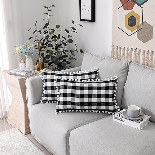 Miniatura 8 de ZJDECOR Juego de 2 fundas de almohada con pompones, fundas de almohada decorativas con pompones, fundas de cojín decorativas para sofá, 12 x 20