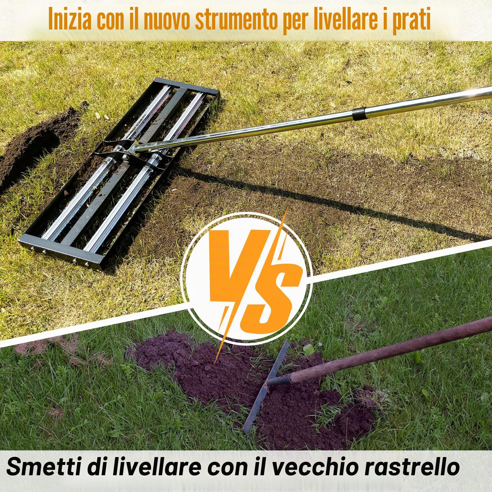 Nelyrho Rastrello livellatore per prato con rulli in alluminio, in acciaio inox, 76 x 25 cm, livellatore per prato resistente con manico esteso da 203 cm, rastrello livellatore per giardino, prato da
