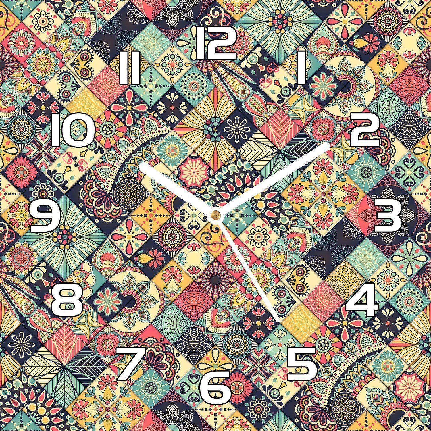 Horloge murale cuisine et salon Coloray en verre de sécurité floral ethnique 30x30