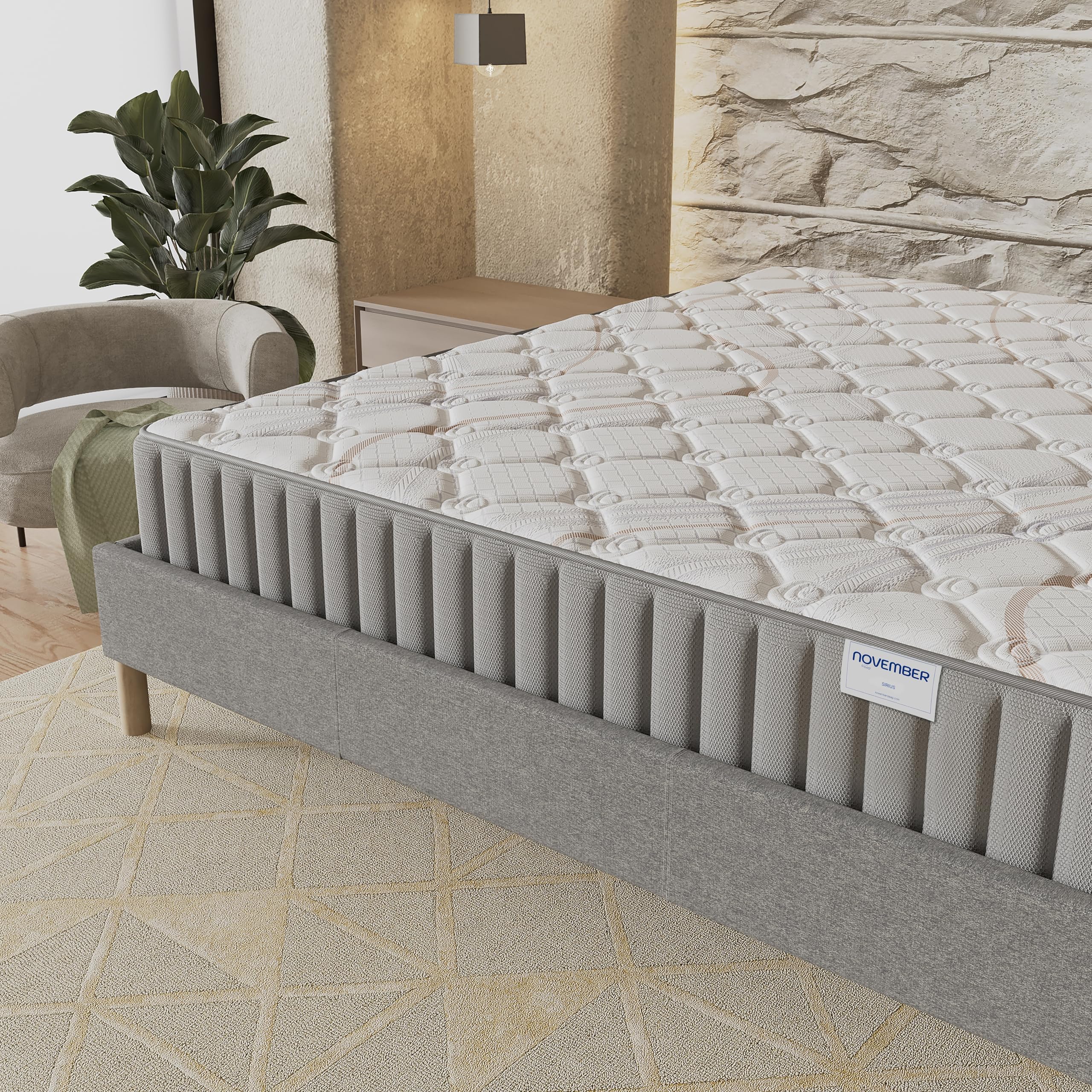 NOVEMBER- Ensemble Matelas + sommier (160 x 200cm) - Matelas Sirius Latex Naturel & Mousse Haute Densité d’épaisseur 22cm + Sommier Bois Stable & Robuste revêtement Tissu Gris