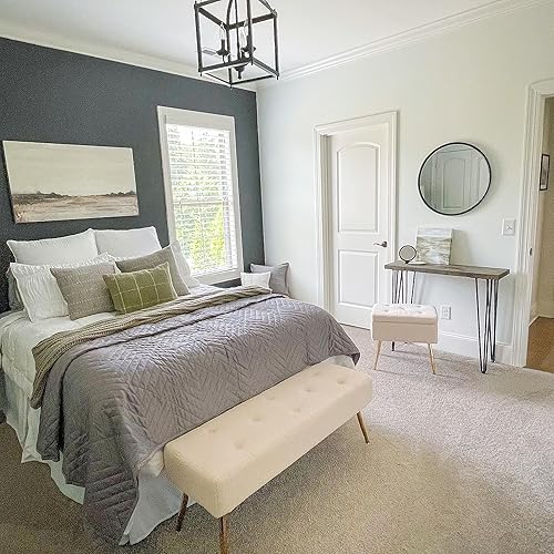 Miniatura 9 de Furniliving Banco otomano moderno de 44 pulgadas, banco de entrada tapizado de tela de piel sintética con marco de metal dorado para sala de estar,