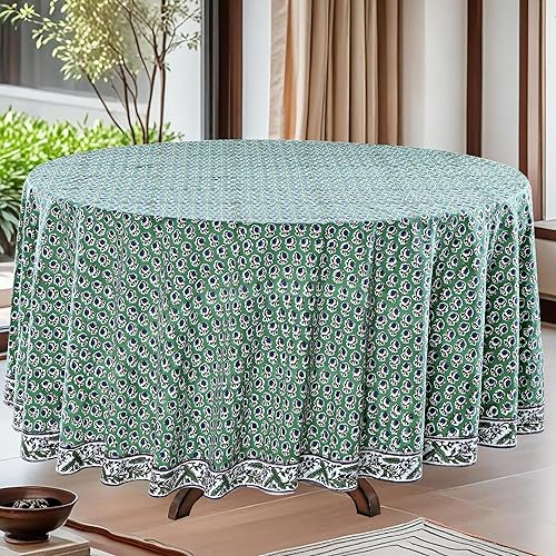 Ridhi Round Tablecloth Hand Block Print Cotton Reusable Basil Green 90 Inch Table Cover Decorative Everyday Use for Dining, Home, Party, Wedding Gift for Spring, Easter, Valentine