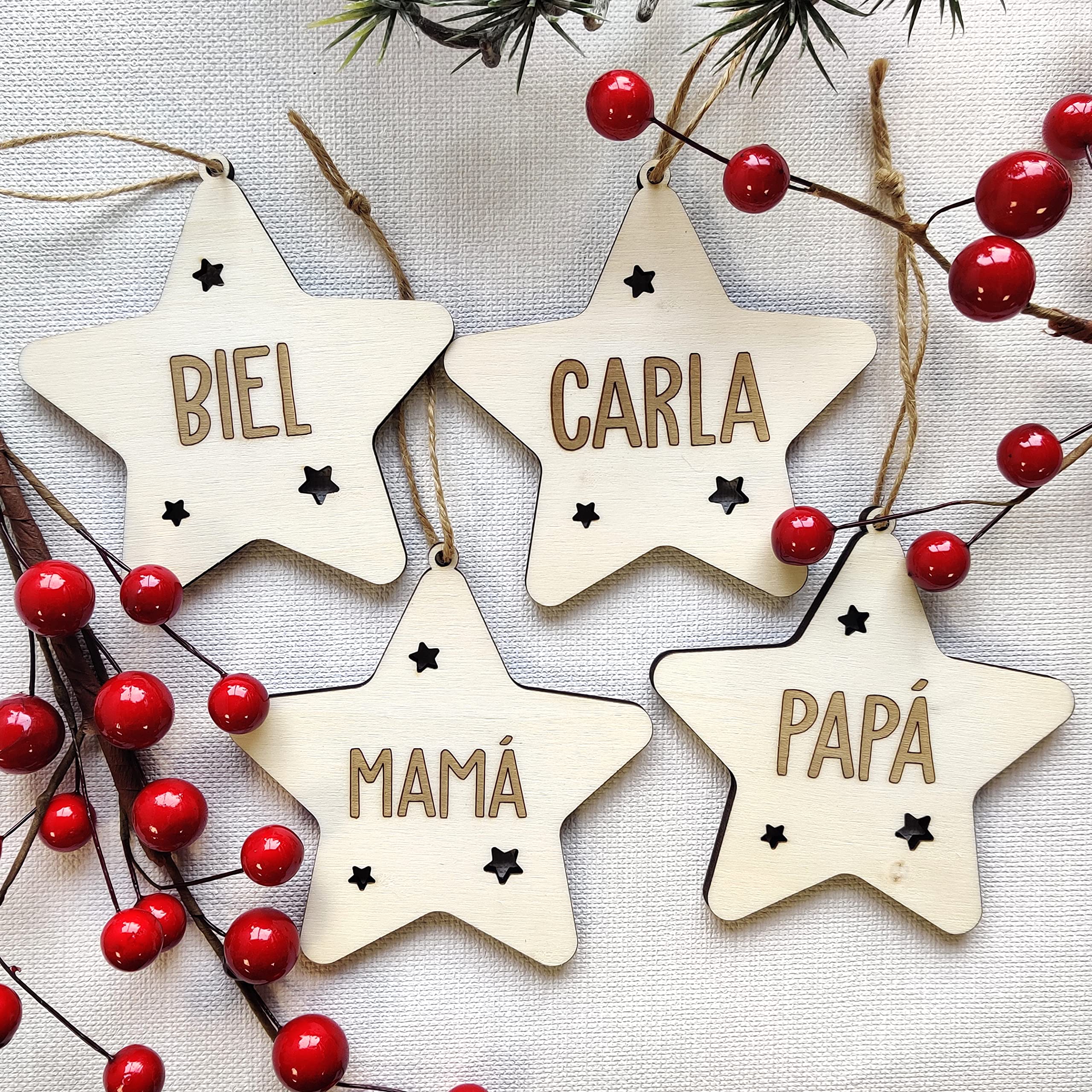 Pack Adorno navidad de madera personalizado | Bola árbol navideño | Decoración colgante | cordel incluido | Estrella