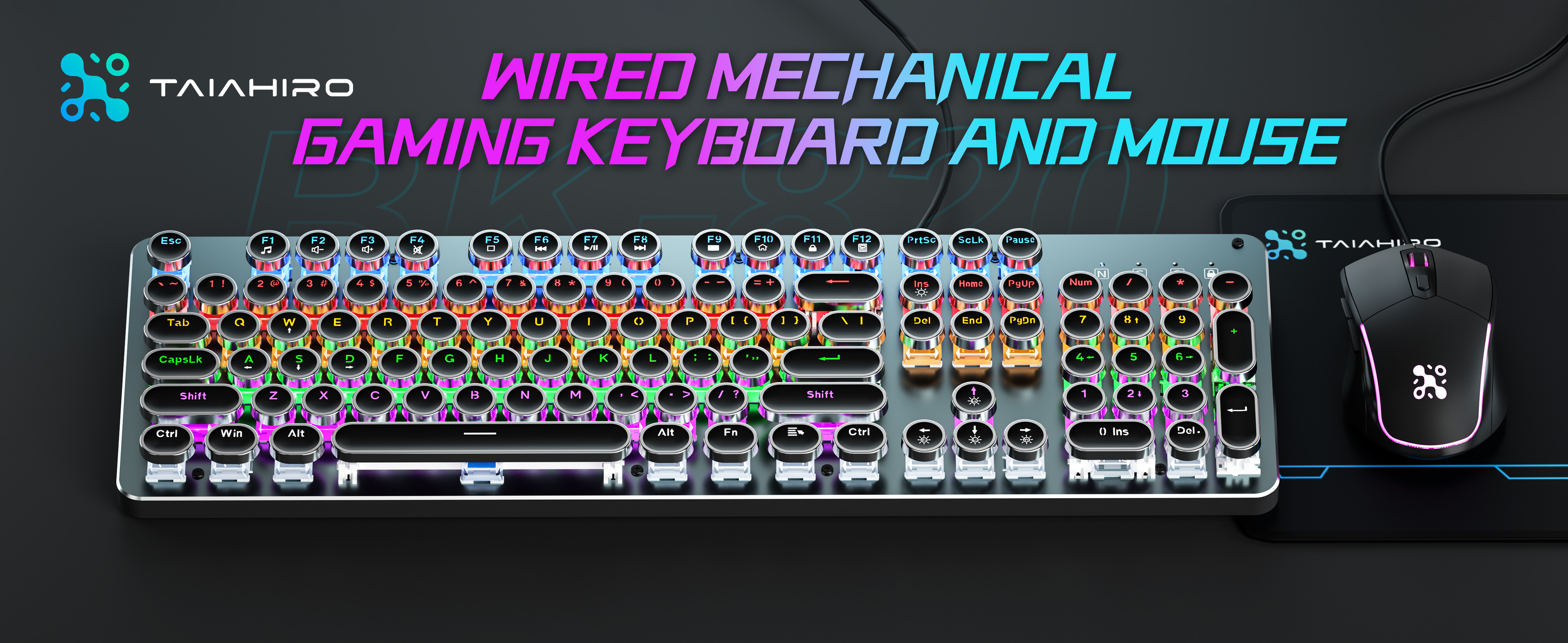 XINMENG X9 Blue Typewriter Keyboard And Mouse,Retro Vintage Mechanical Gaming Keyboard With White LED Backlit,104 Keys Anti-Ghosting Blue Switch Wired Cute,Round Keycaps For Desktop PC/Laptop Mac