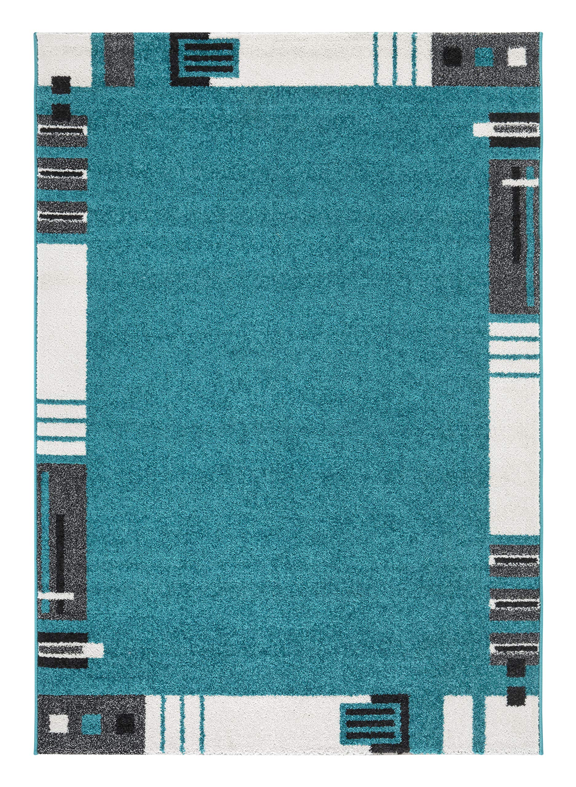 andiamo Webteppich moderner stilvoller Kurzflor Teppich robust und pflegeleicht aus 100% Polypropylen geeignet für Fußbodenheizung und Saugroboter 200 x 290 cm Bordüre Türkis