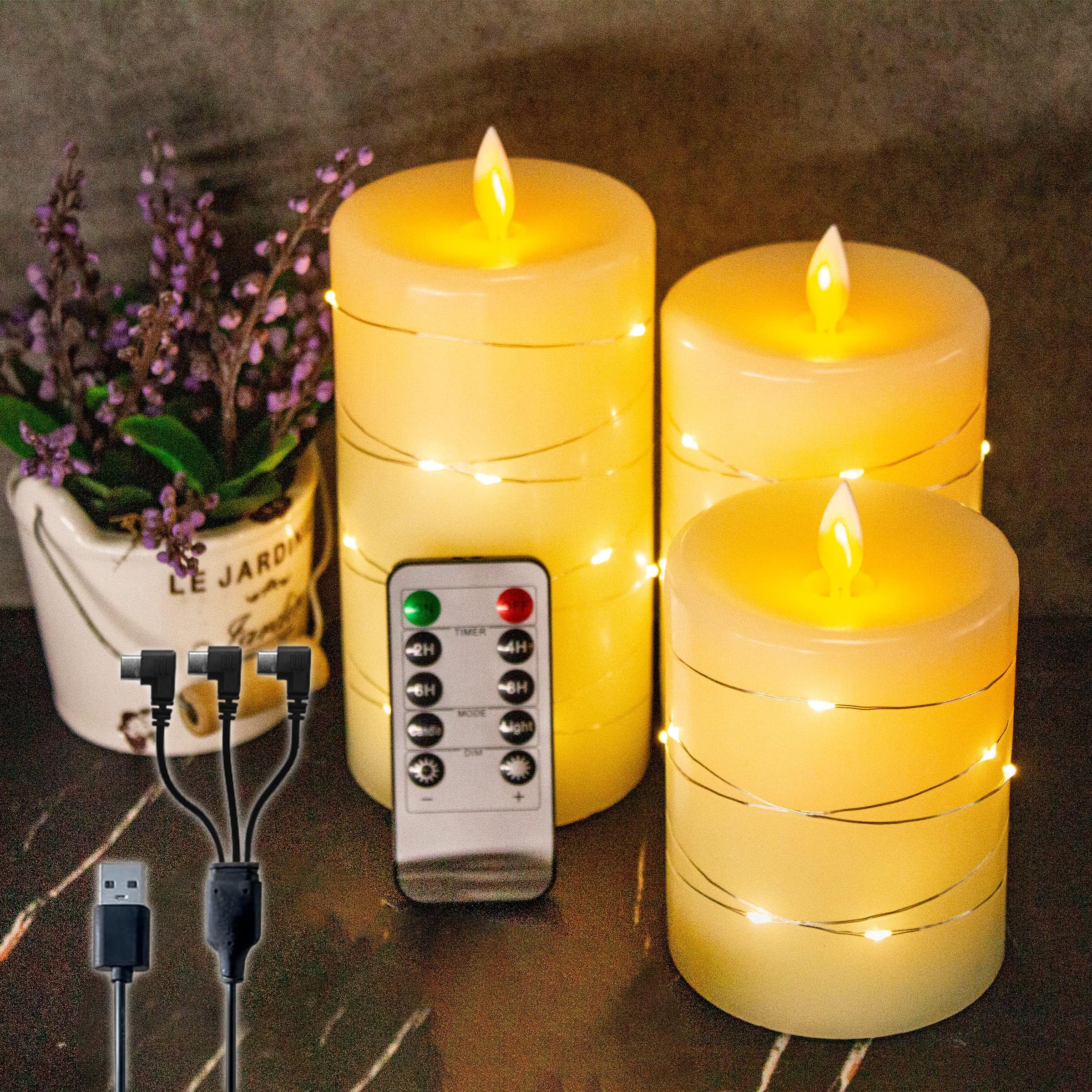 NICE POINT LED Flameless Candle,Rechargeable Flashing Pillar Real Wax Candles with Remote Control and Timer