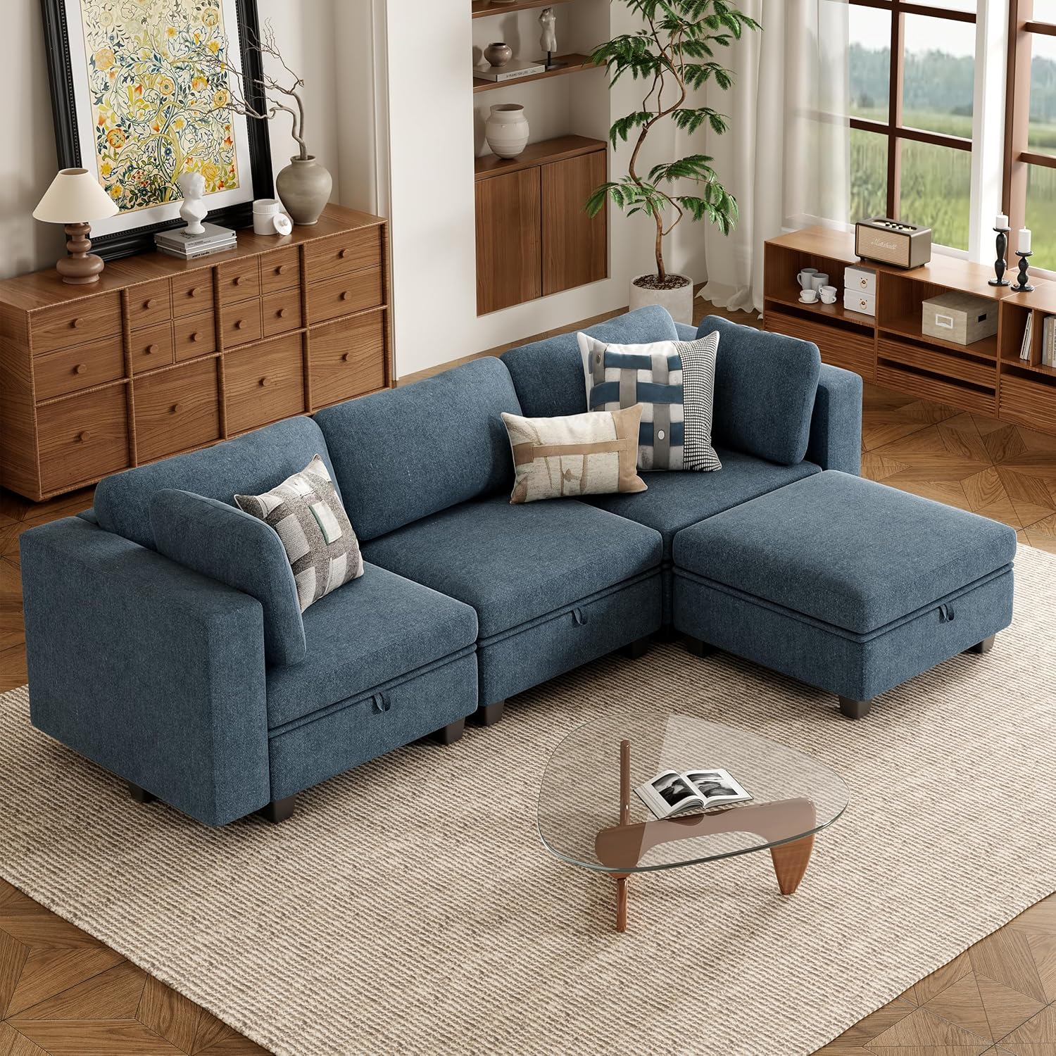 Oversized L-Shape Sectional Couches for Living Room, L Shaped Modular Sectional Living Room Sofa Set, Extra Large 4 Seat Sofa Set with Reversible Chaise with Storage Ottoman (Blue)