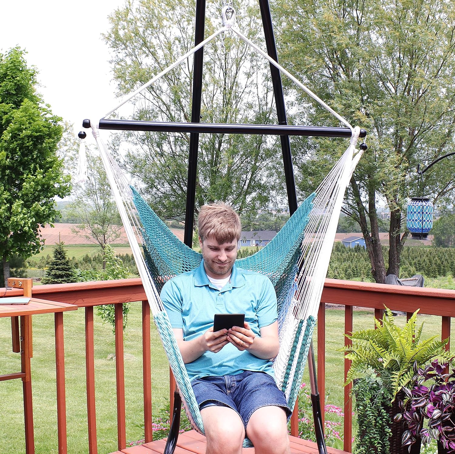 Sunnydaze Caribbean XL Hanging Outdoor Hammock Chair - Soft-Spun Polyester Rope - 300-Pound Capacity - Lagoon Stripes Blue