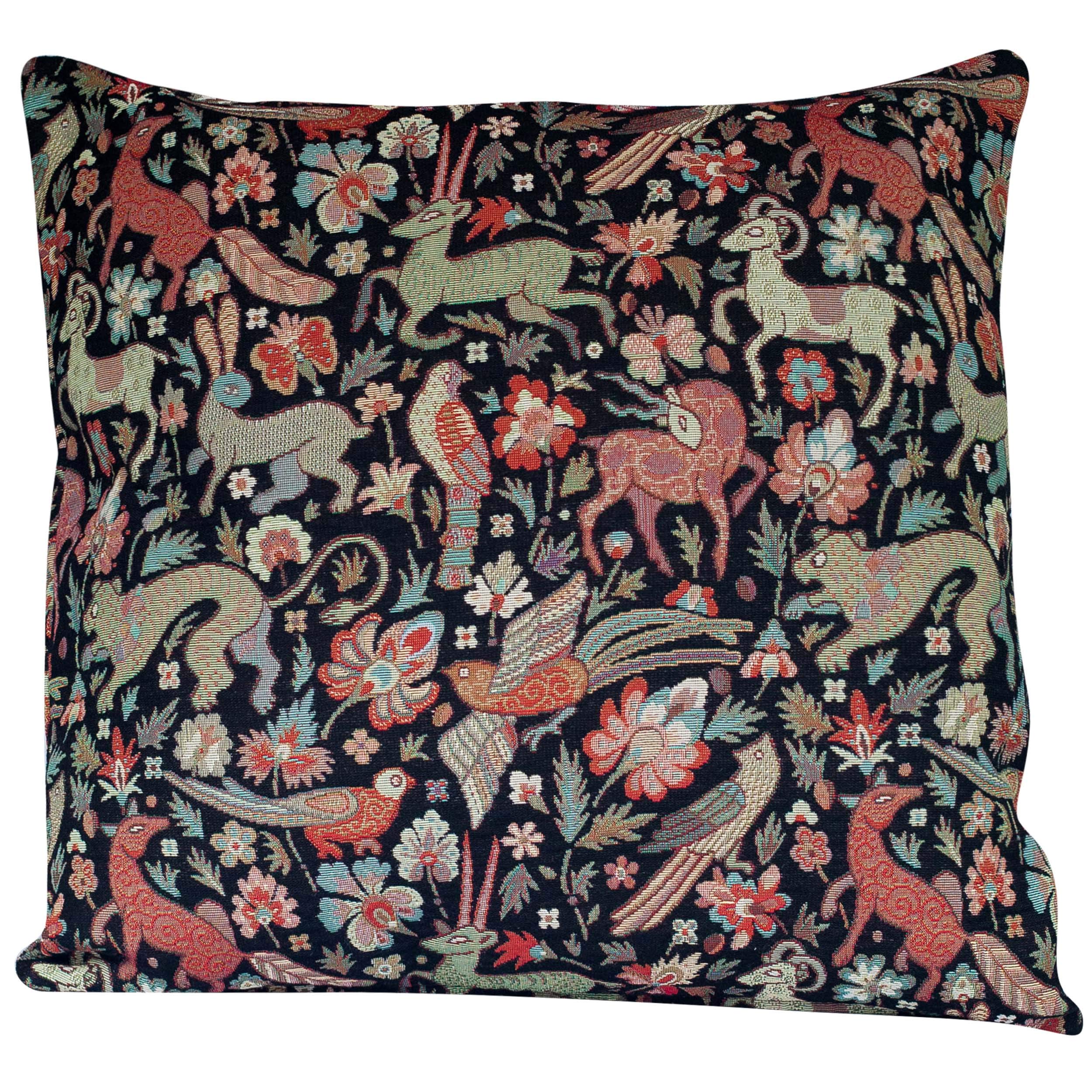 Linen Loft Black Mythical Animals Heavyweight Tapestry Double Sided Xl Cushion Cover. 23" Square Pillow Cover. With Multicoloured Beasts. Morris Style Design. Turkish Kilim Style Fabric.