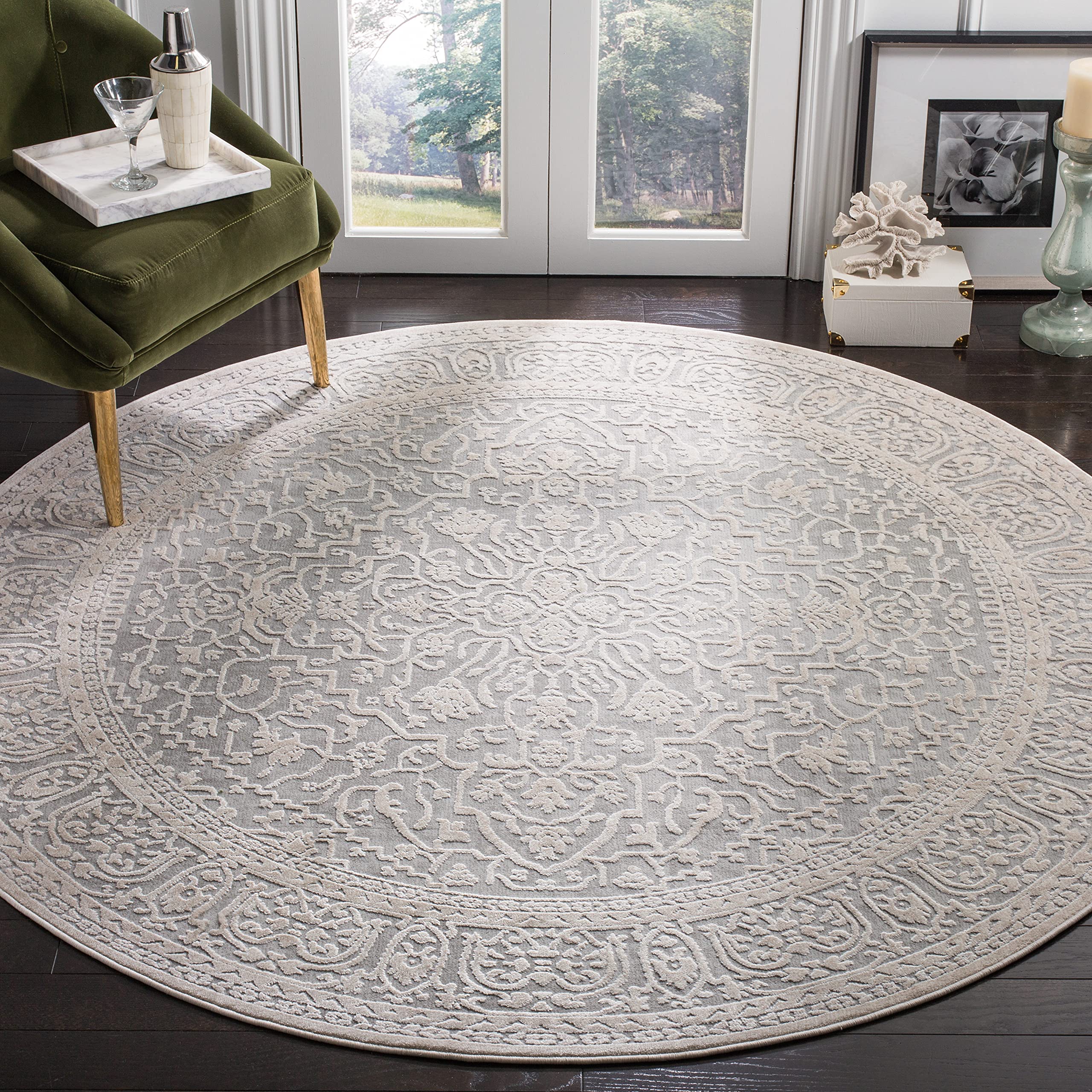 SAFAVIEH Area Rug 10' Round - Reflection Collection - Large - Light Grey & Cream, Non-Shedding & Easy Cleaning, Ideal for Living Room, Bedroom (