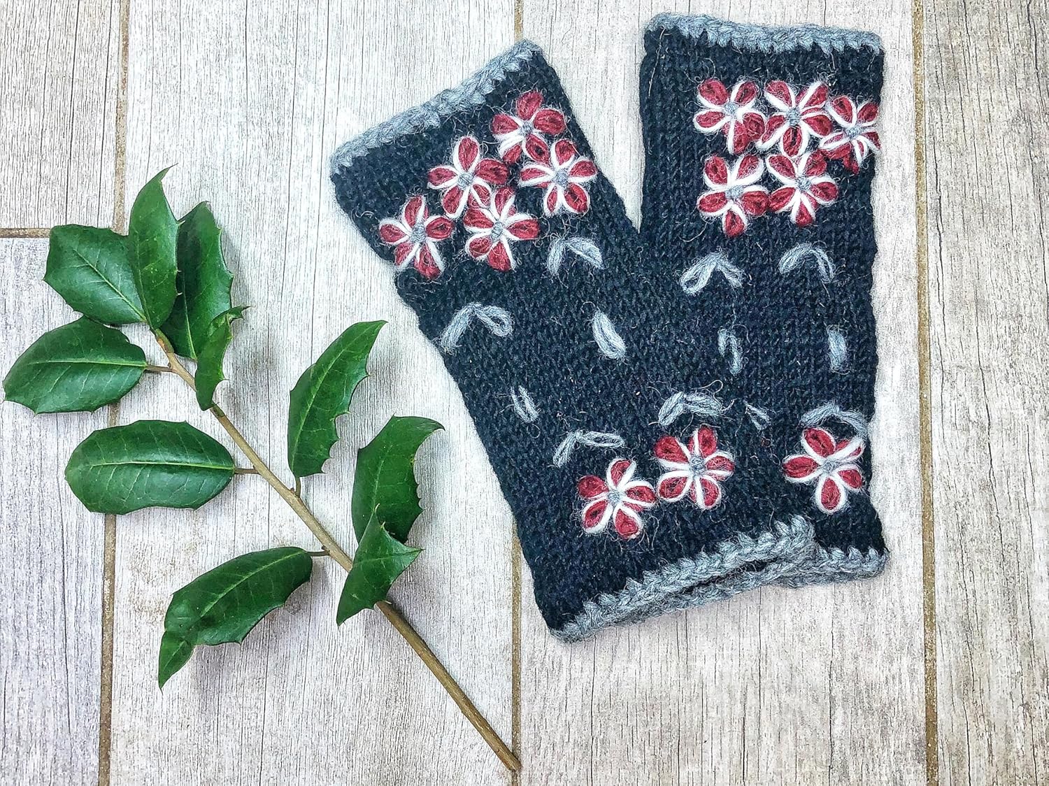 Hand Knit Fingerless Embroidered Flower Winter Wool Texting Gloves Mittens Warm Fleece Lined - Image 6