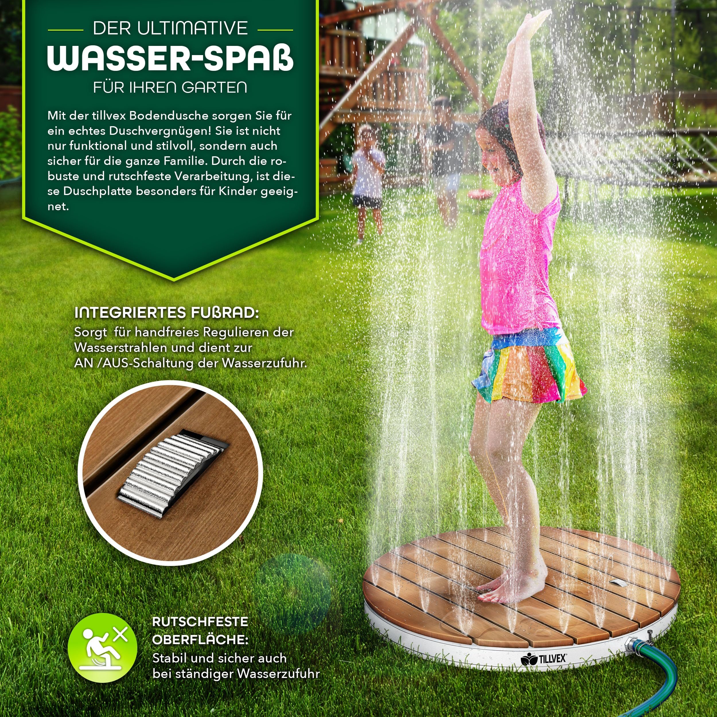 tillvex® Gartendusche Outdoor bis 4 m Fontänenhöhe | Bodendusche rund mit Fußrad | Außendusche rutschfest | Saunadusche wetterfest | Campingdusche aus Aluminium/WPC/Holzoptik