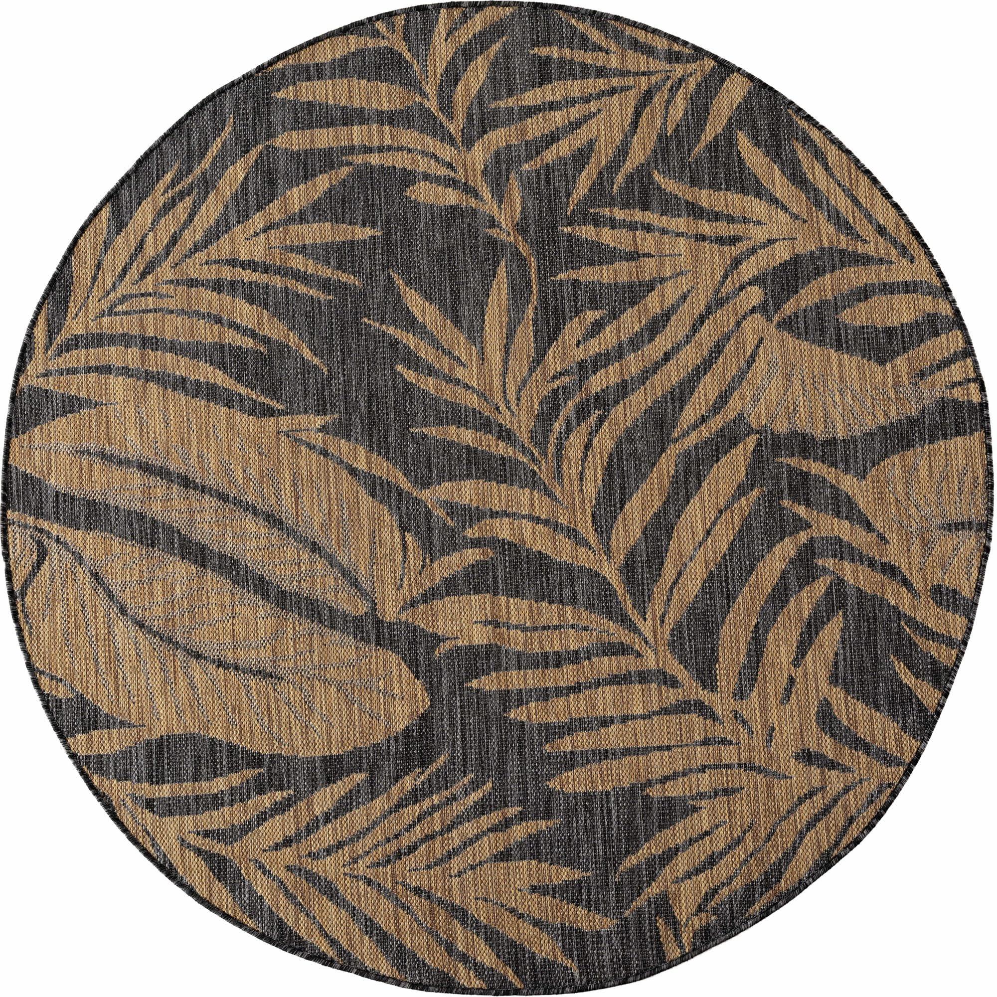 Teppium Outdoor Teppich Schwarz Natur Jute Optik Rund 160 cm Balkon Terrasse Garten Wetterfest UV-beständig Groß Palmblatt Flachgewebe Pflegeleicht Robust Modern