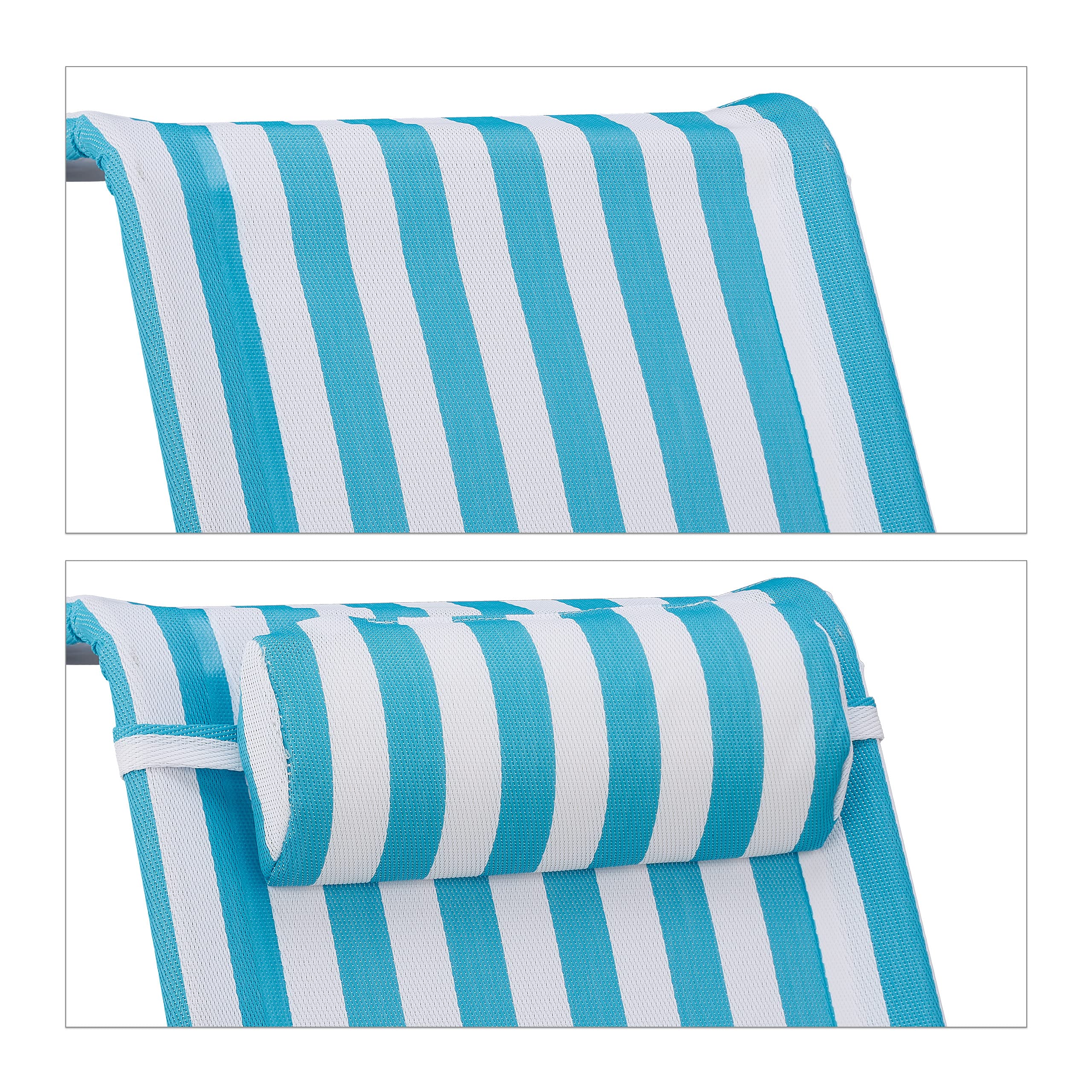 Relaxdays Sedia Sdraio Pieghevole, Regolabile su 8 Livelli, Poggia-Testa Braccioli e Apribottiglie Laterale, Blu Bianco
