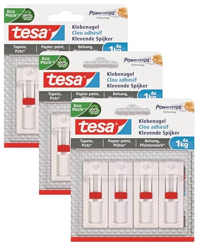 tesa Klebenagel für Tapeten und Putz 2kg - Selbstklebende Nägel für empfindliche Oberflächen - rückstandslos - bis zu 2kg Halteleistung pro Nagel (12x 1,0kg)
