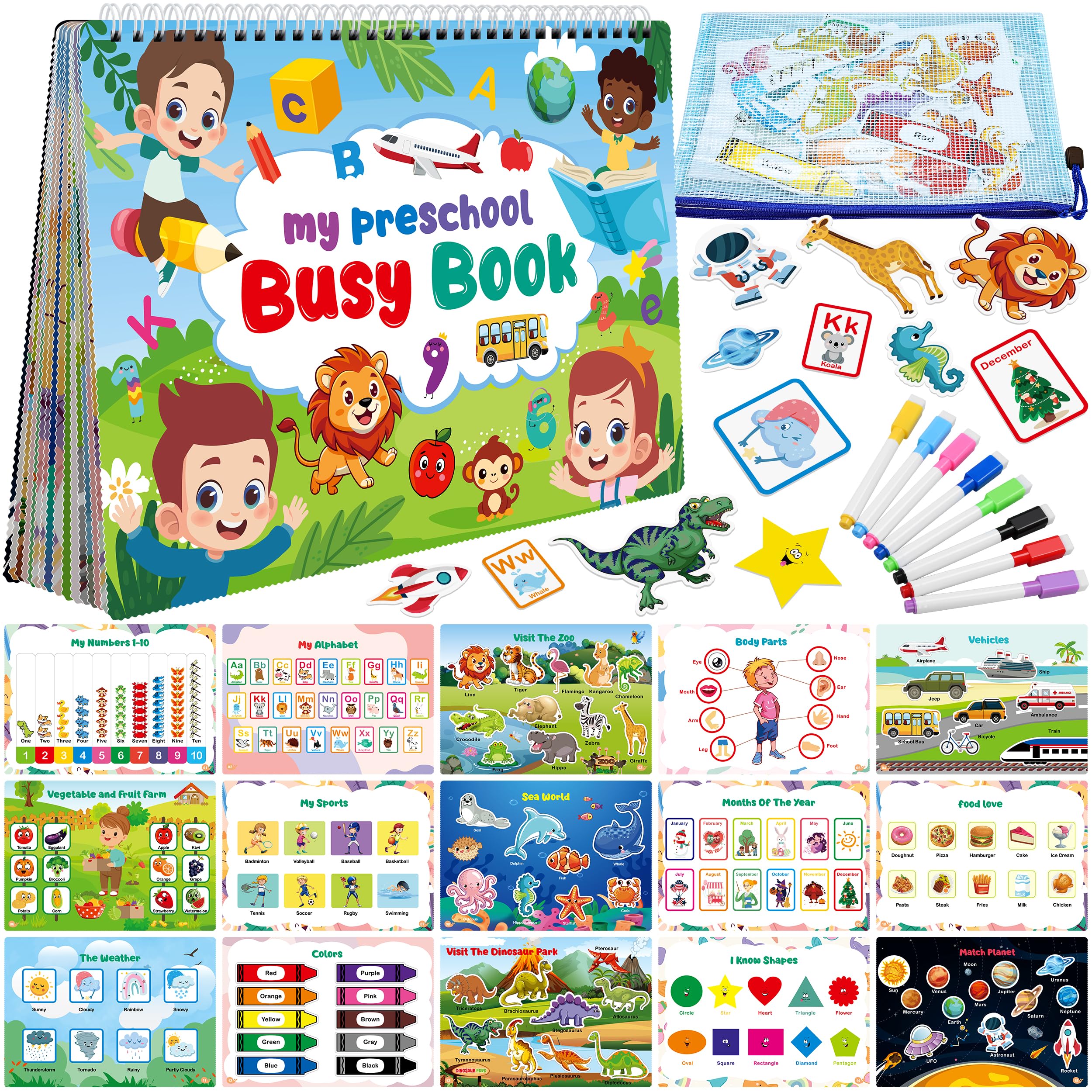 Busy Book for Toddlers - Preschool Reading Activity Handwriting Busy Book, Montessori Sensory Learning & Education Toys, Christmas Birthday Travel Gifts for Age 3 4 5 6 Year Old Boys Girls