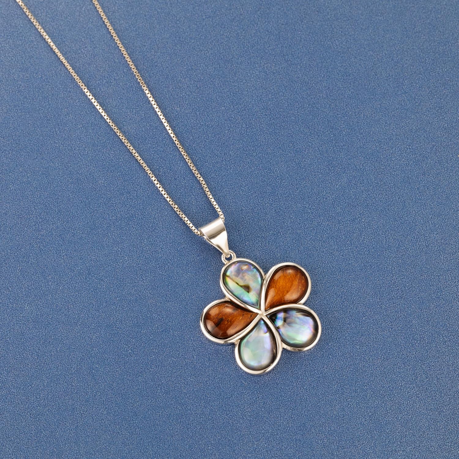 Aloha Jewelry Company Sterling Silver Koa Wood and Abalone Shell Inlay Plumeria Pendant Necklace Pendant with 18" Box Chain, Nickel Free Hypoallergenic for Sensitive Skin, Gift Box Included