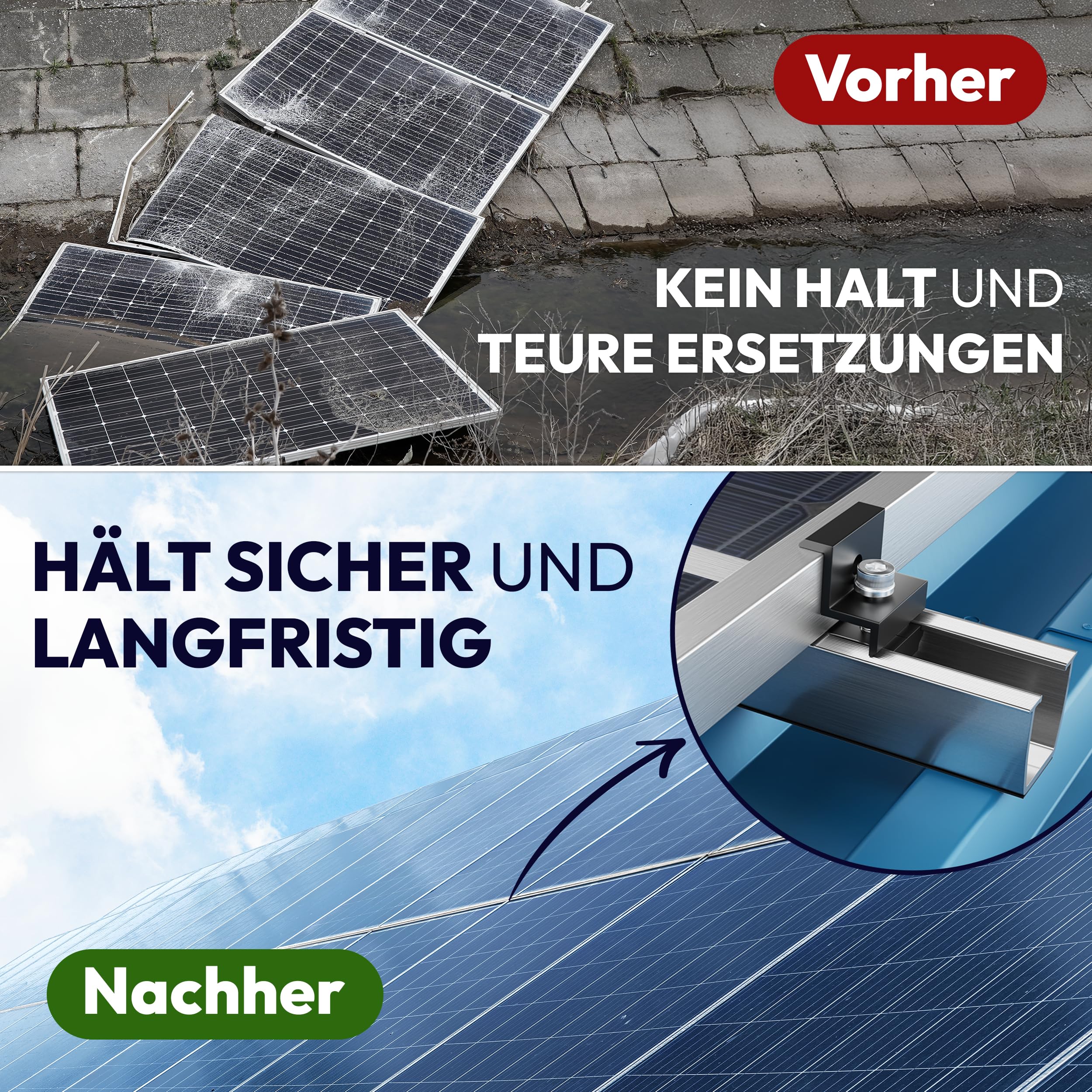AMSID Solarpanel Halterung Solarpanel Balkonkraftwerk Montageschiene 12cm, PV Halterung verstellbar schwarz Klemme 30-35mm, Befestigungsset 2 Module geeignet für Flachdach Trapezdach.