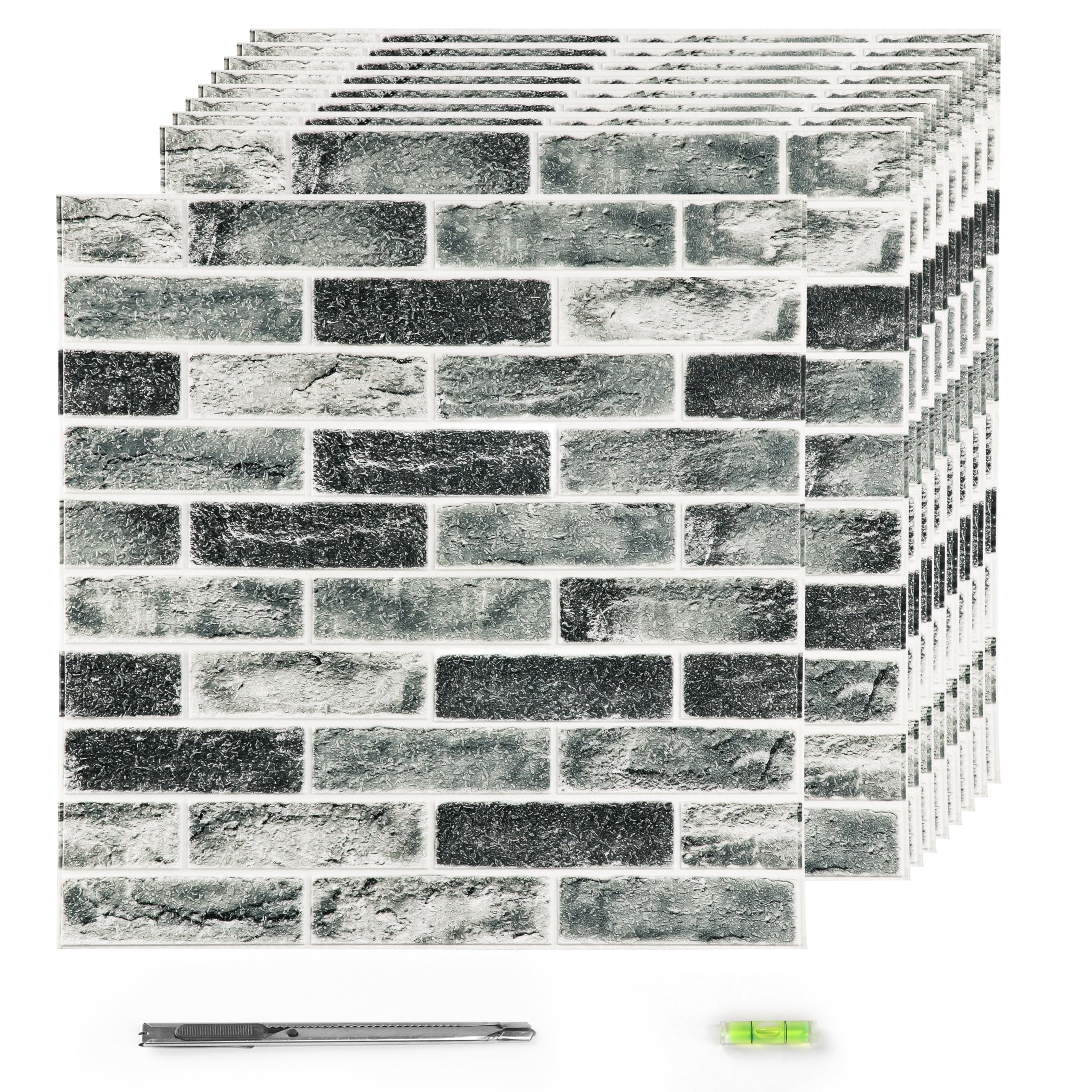 Greymond Faux Brick Tile 3D Strip Wall Paneling, 50 Sq.Ft Self-Adhesive Artificial Stone Backsplash Waterproof Foam Panels for Bedrooms, Bathrooms, Kitchenss, 10PCS, Green Grey