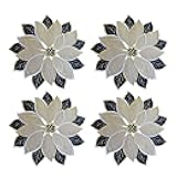 Holiday Christmas Applique Poinsettia Red Green Embroidered Christmas Flower Linen Table Runner for Home Dinner Xmas Table Top Decorations (Black, Placemat 14