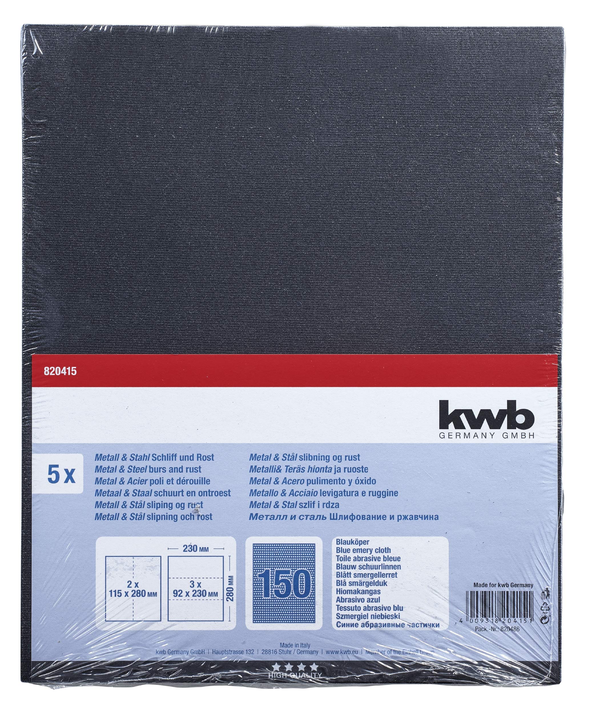 Kwb Papier Abrasif Métal & Acier - Feuilles Bleues Grain K-150 - Lot De 5 (230x280 Mm) - Idéal Pour Décaper Rouille, Peinture, Calamine