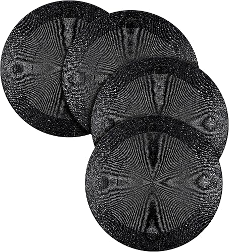 Manteles individuales negros con cuentas para mesa de comedor, manteles individuales redondos negros, miden 13 pulgadas, cargadores negros para