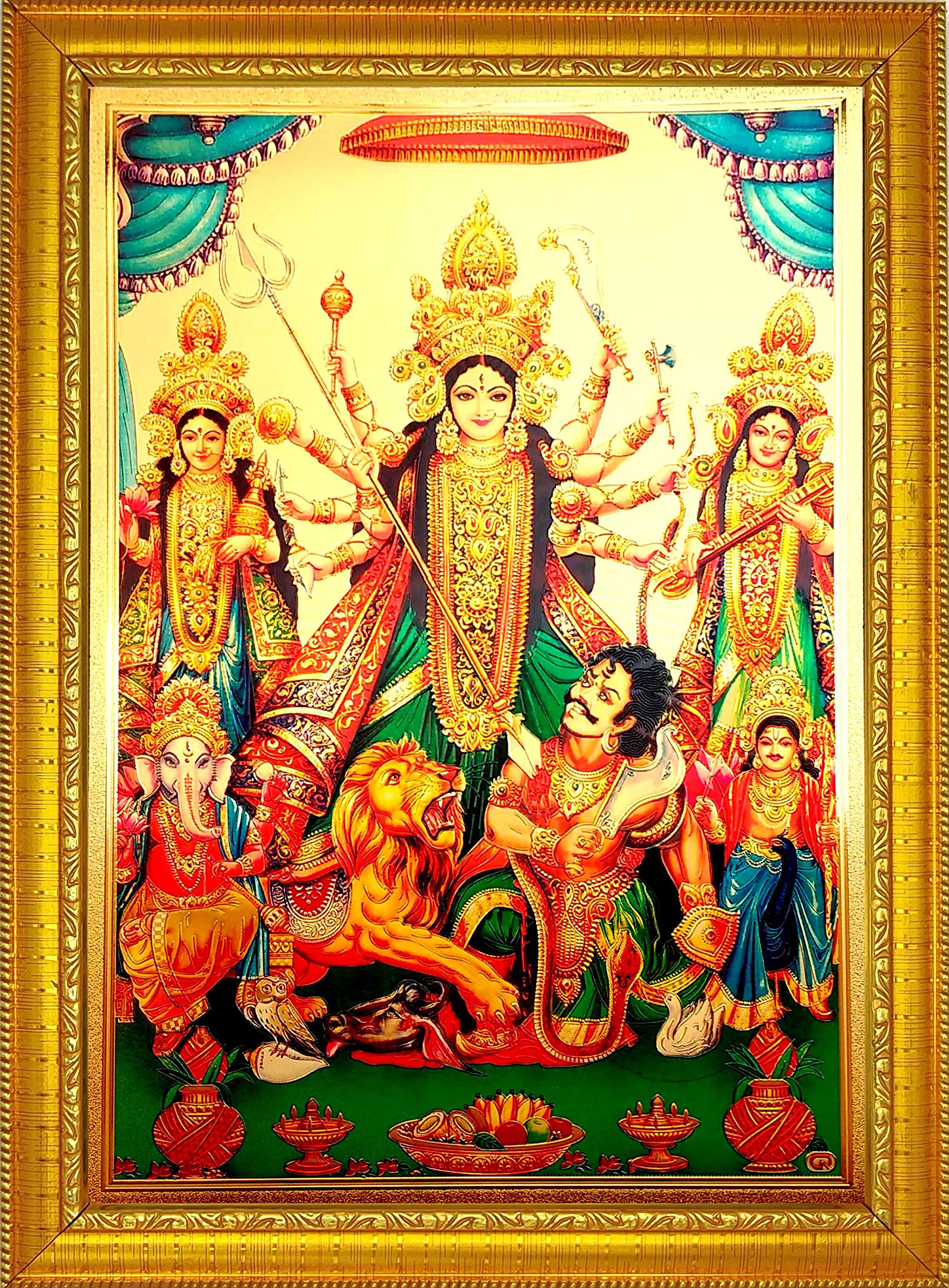 ADA Handicraft Maa Durga Lakshmi Saraswati Ganesha Hindu Religious Wood Wall Photo Frame For Dussehra Diwali Navratri (35 x 25 x 1 cm, Multicolour)