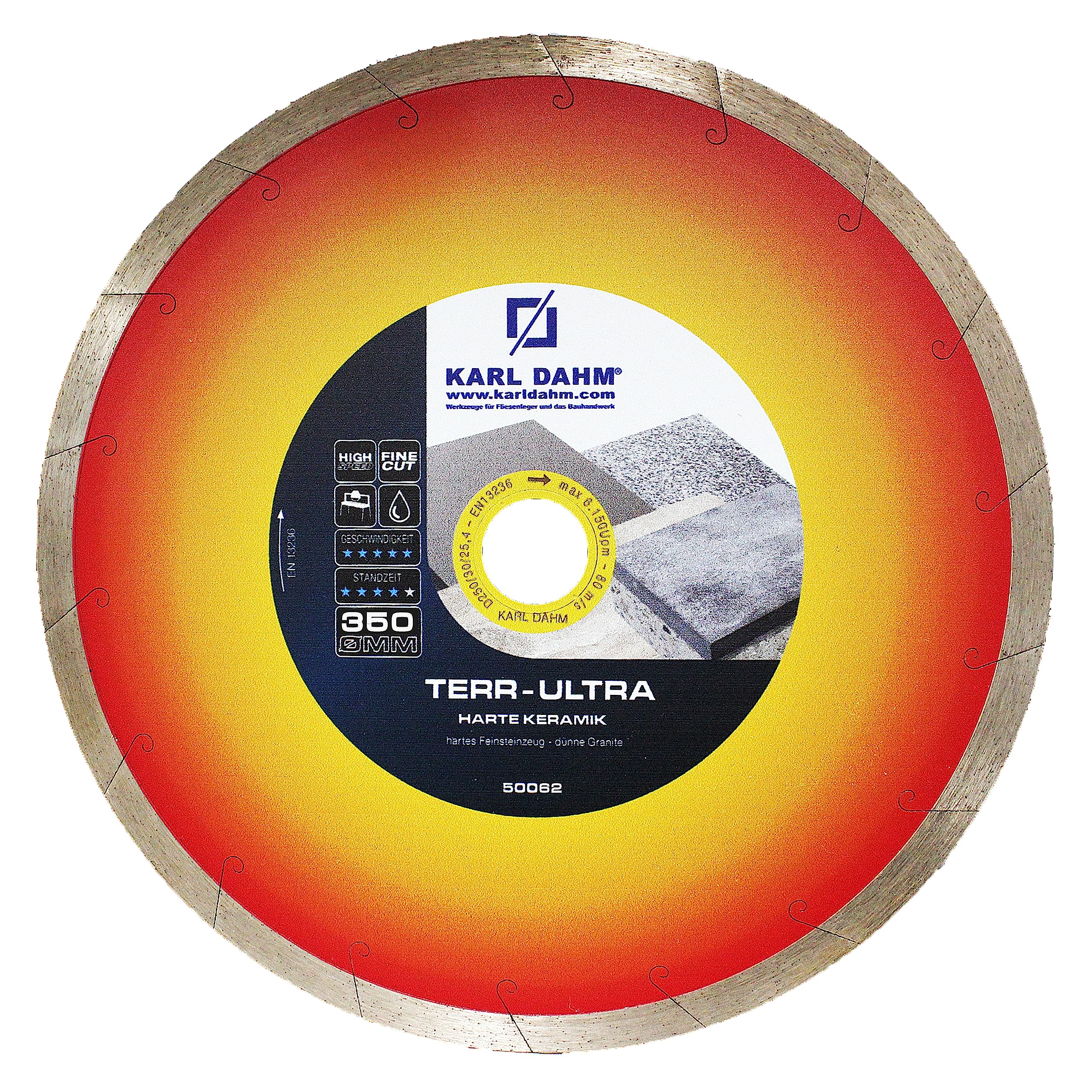 Karl Dahm Disco de Corte Diamantado DNS 13 - TERR-Ultra I Disco de Corte para Máquinas de Corte de Piedra con 350 mm de Diámetro I Alta Precisión al Cortar Cerámica Dura y Gres Porcelánico – 50062